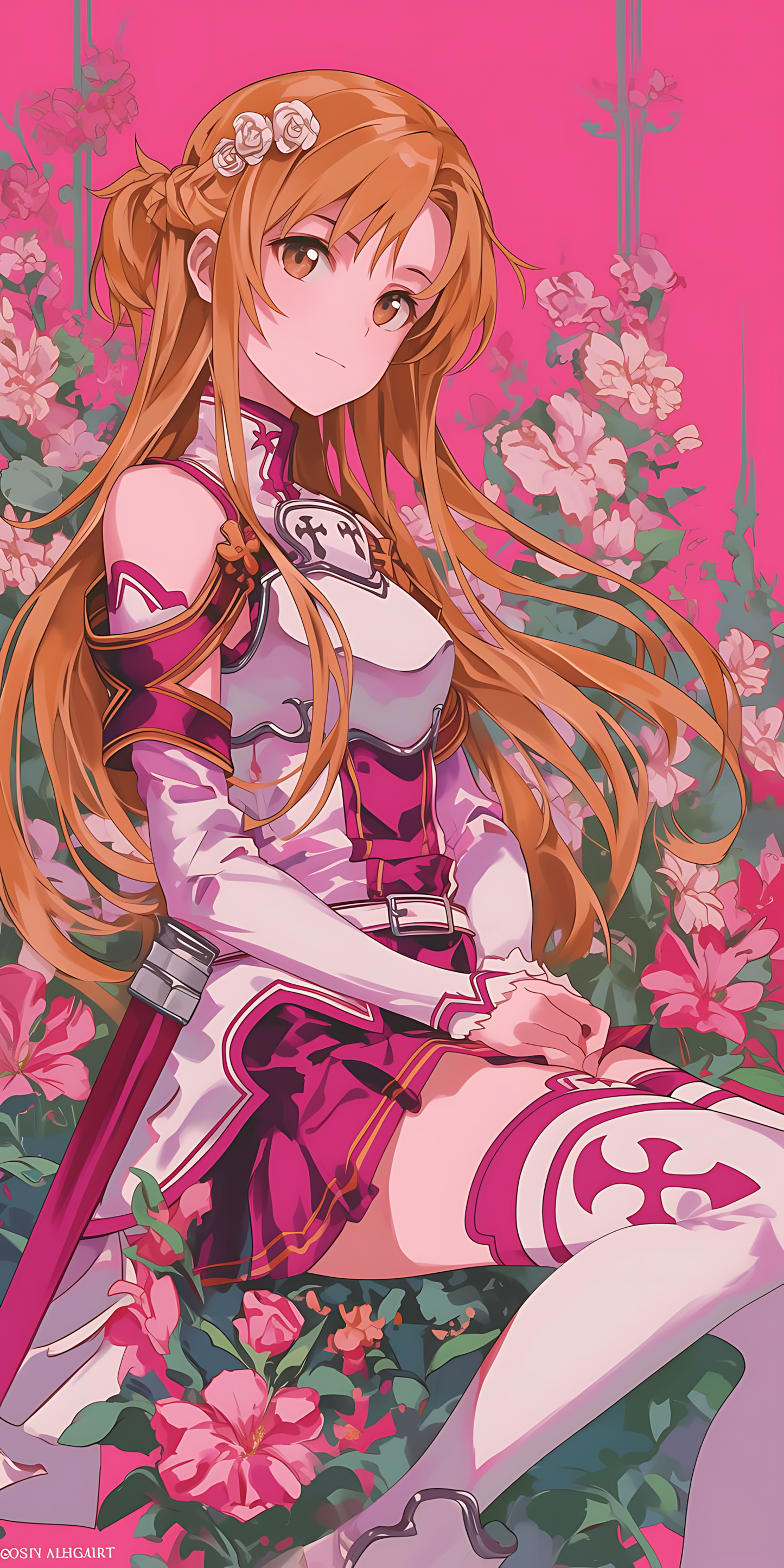Crimson blossom grace poster with anime girl holding a sword, surrounded by pink flowers