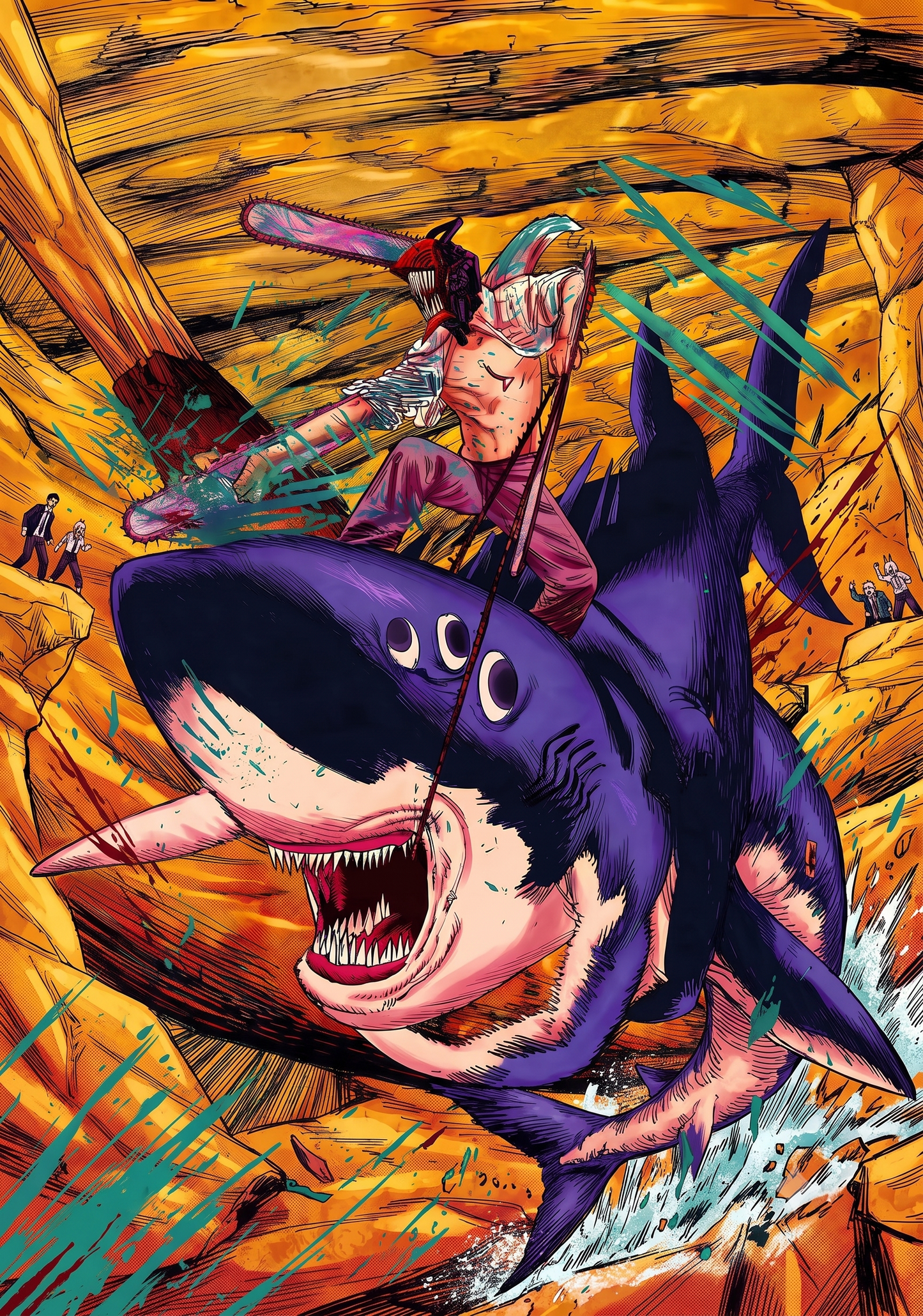 Chainsaw Man shark rider action poster showing a rider on a purple shark with dynamic pose