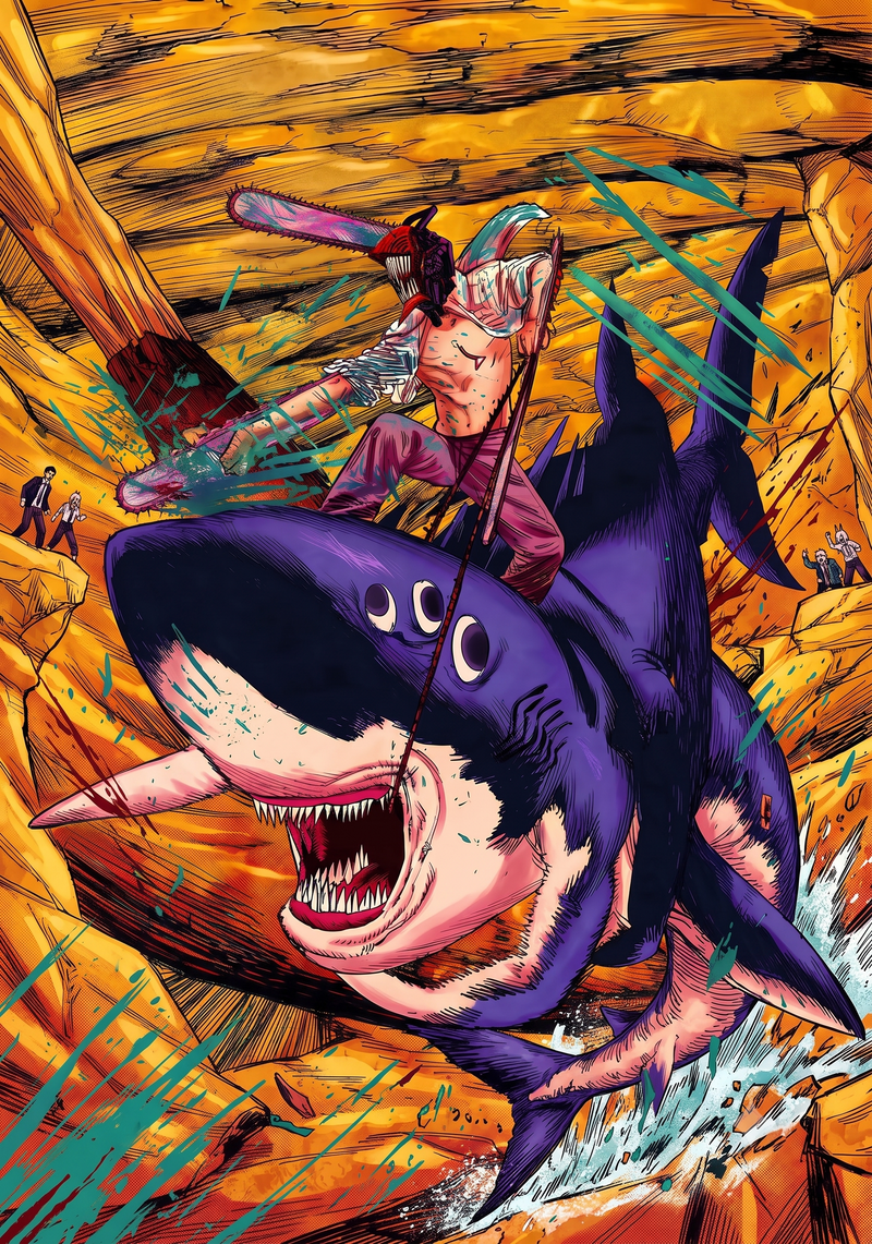 Chainsaw Man shark rider action poster showing a rider on a purple shark with dynamic pose
