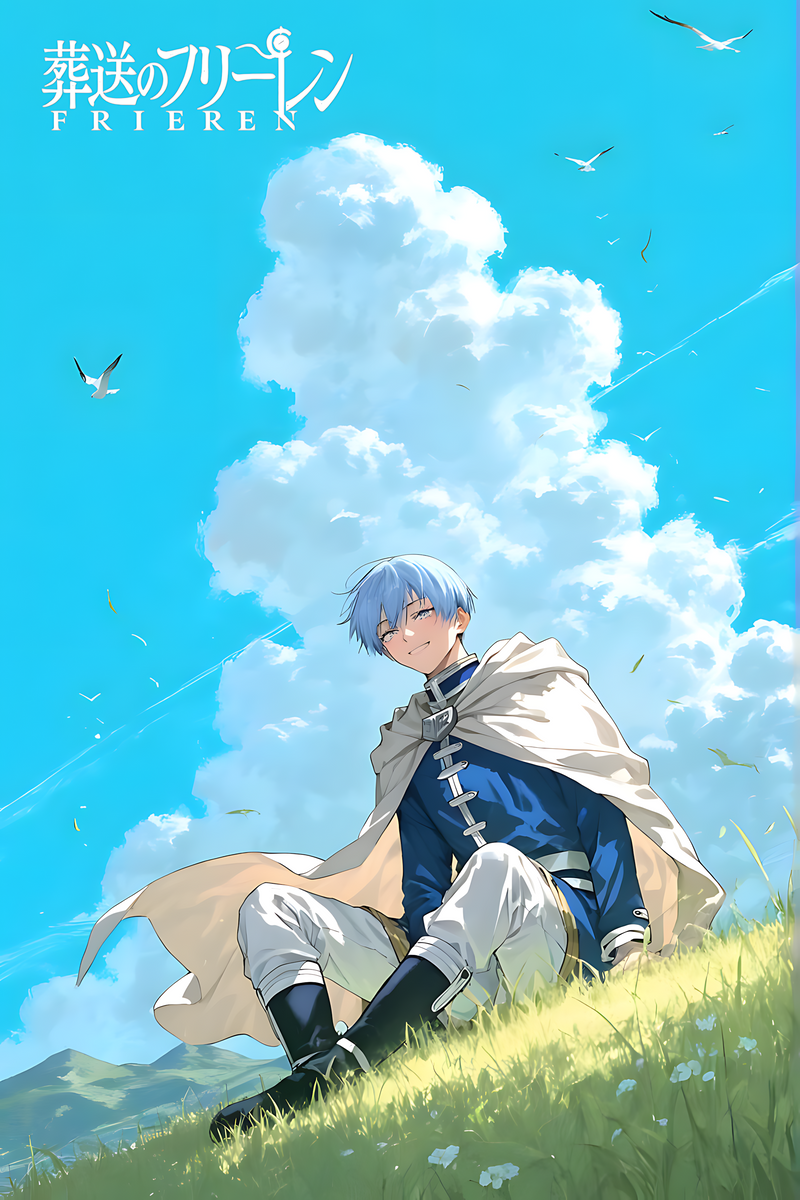Anime character sitting on grass under blue sky with clouds and birds poster