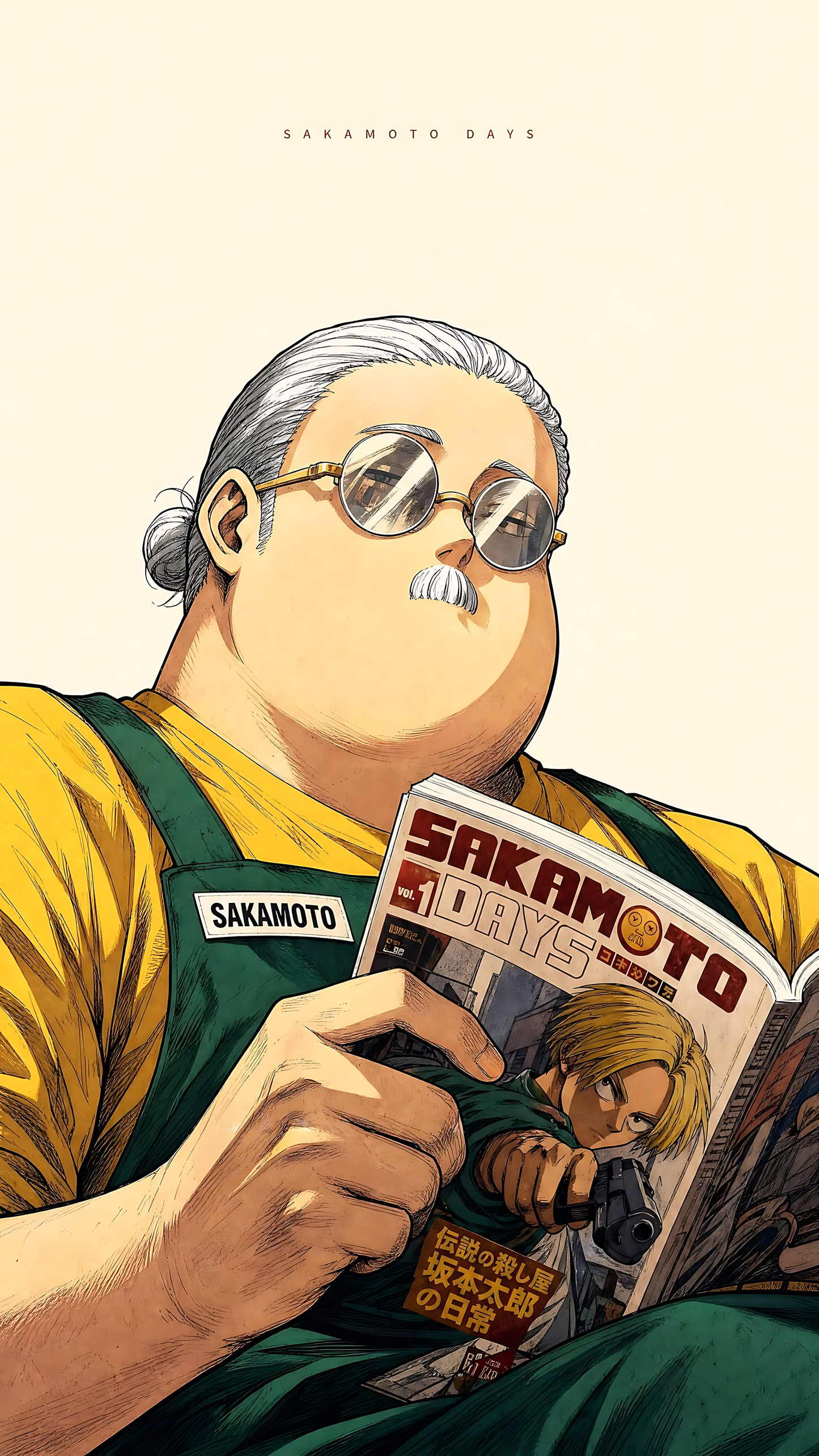 Illustrated manga poster of a man wearing glasses holding a Sakamoto Days magazine