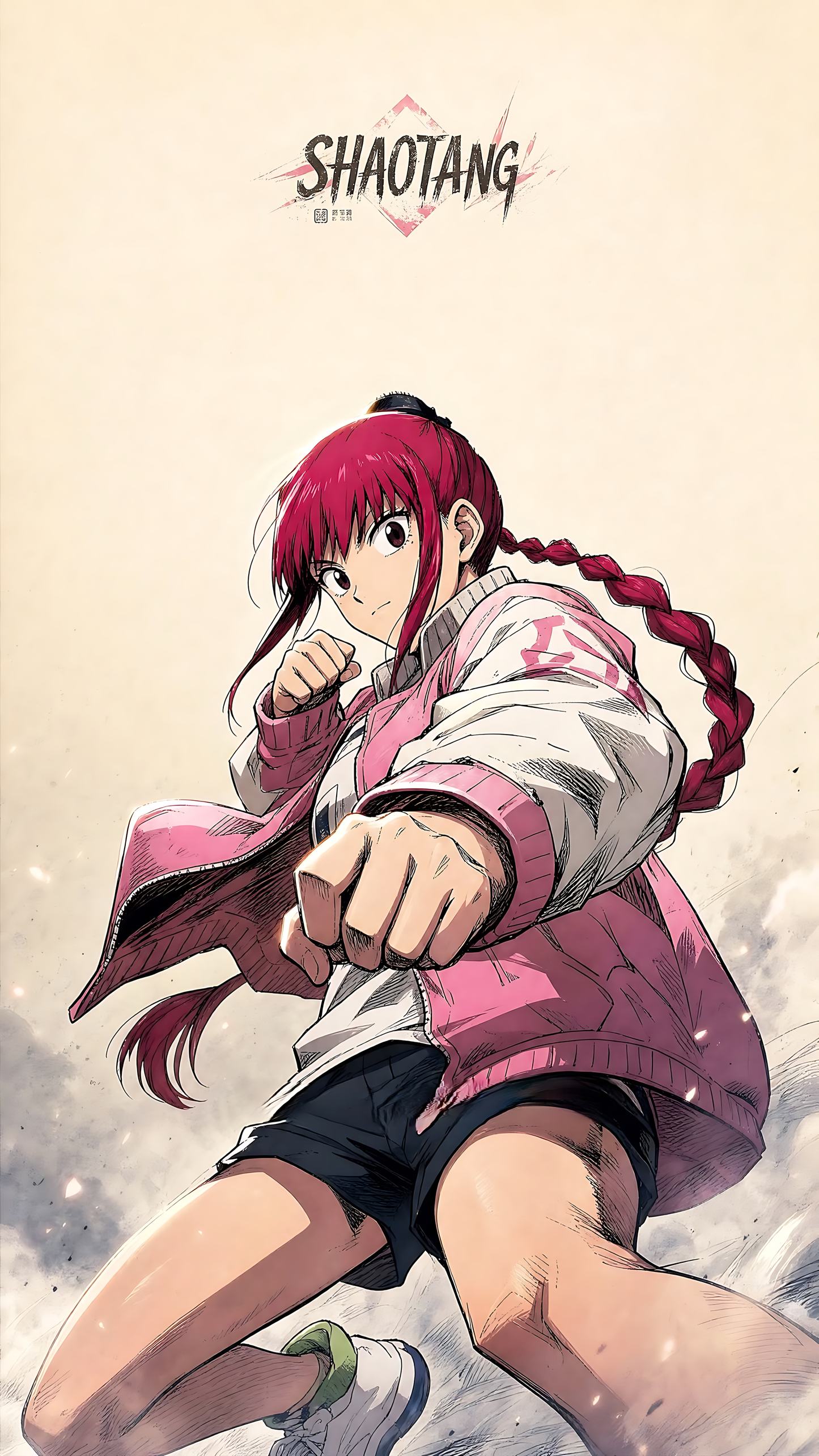 Anime poster of a character in a pink and white jacket, fist raised