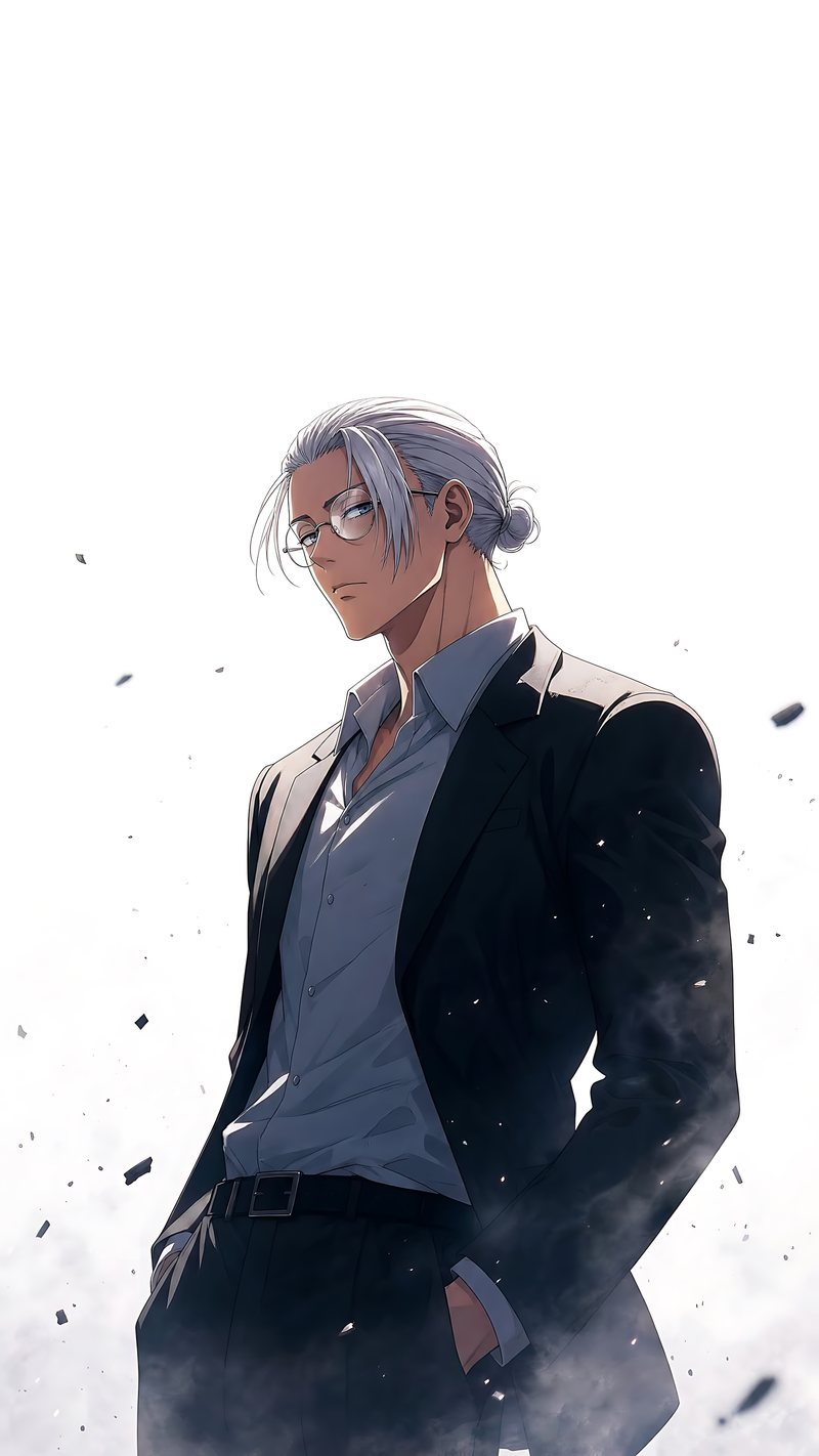 Anime-style character poster featuring a man with glasses in a dark suit