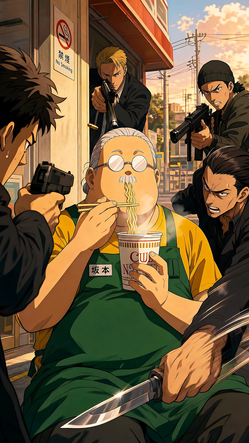 Anime poster with characters holding cup noodles and rifles in an ambush scene