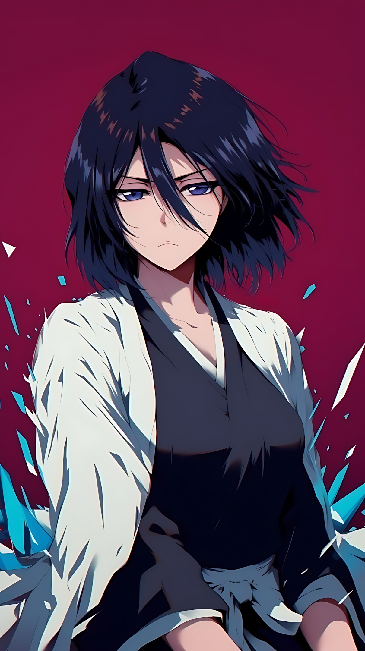 Rukia Kuchiki anime poster featuring a young woman with dark hair and a white cloak