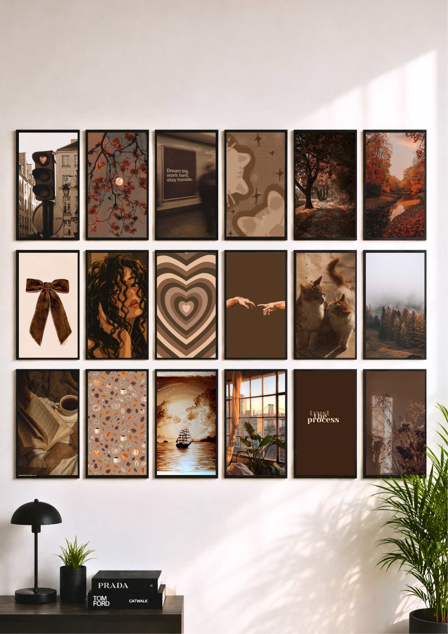 PIXBY premium gloss poster set, brown and warm-toned framed prints on wall