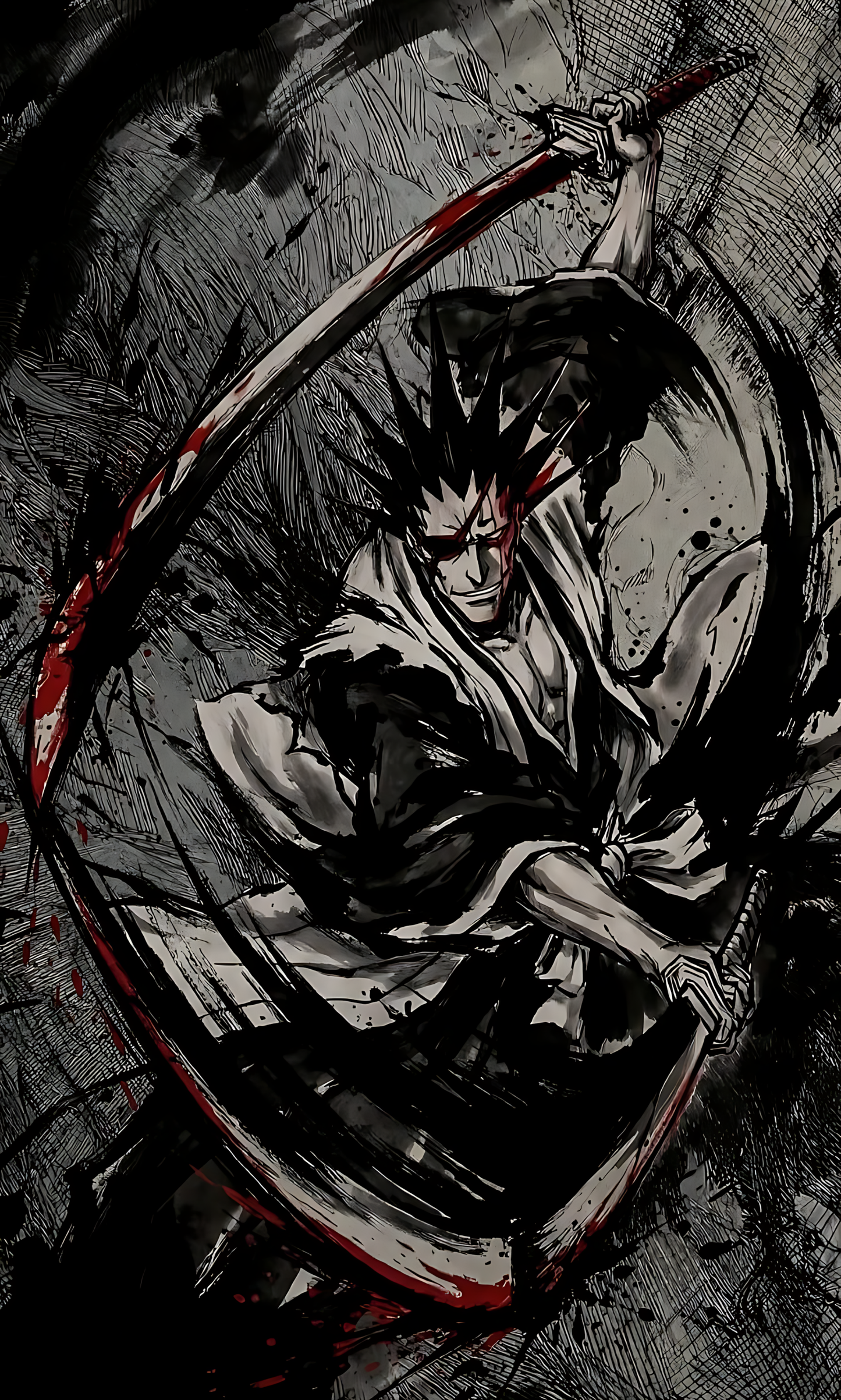 Anime sword fighter battle poster, black-and-gray with red highlights