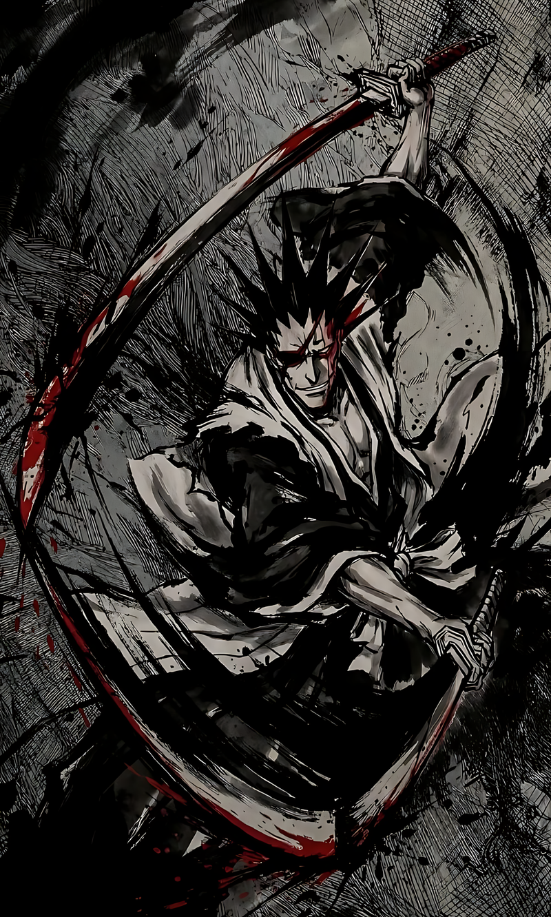 Anime sword fighter battle poster, black-and-gray with red highlights