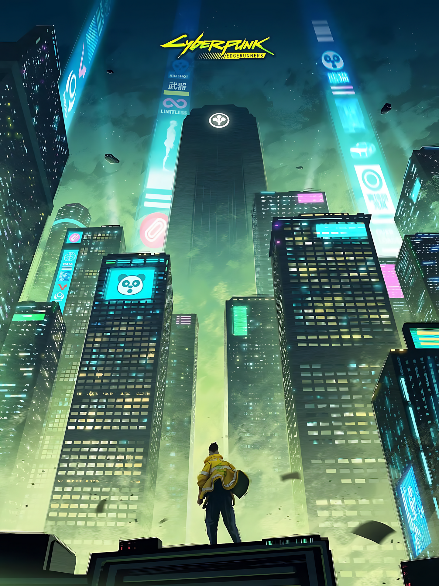 Neon cyberpunk city skyline poster with character in yellow coat and glowing towers