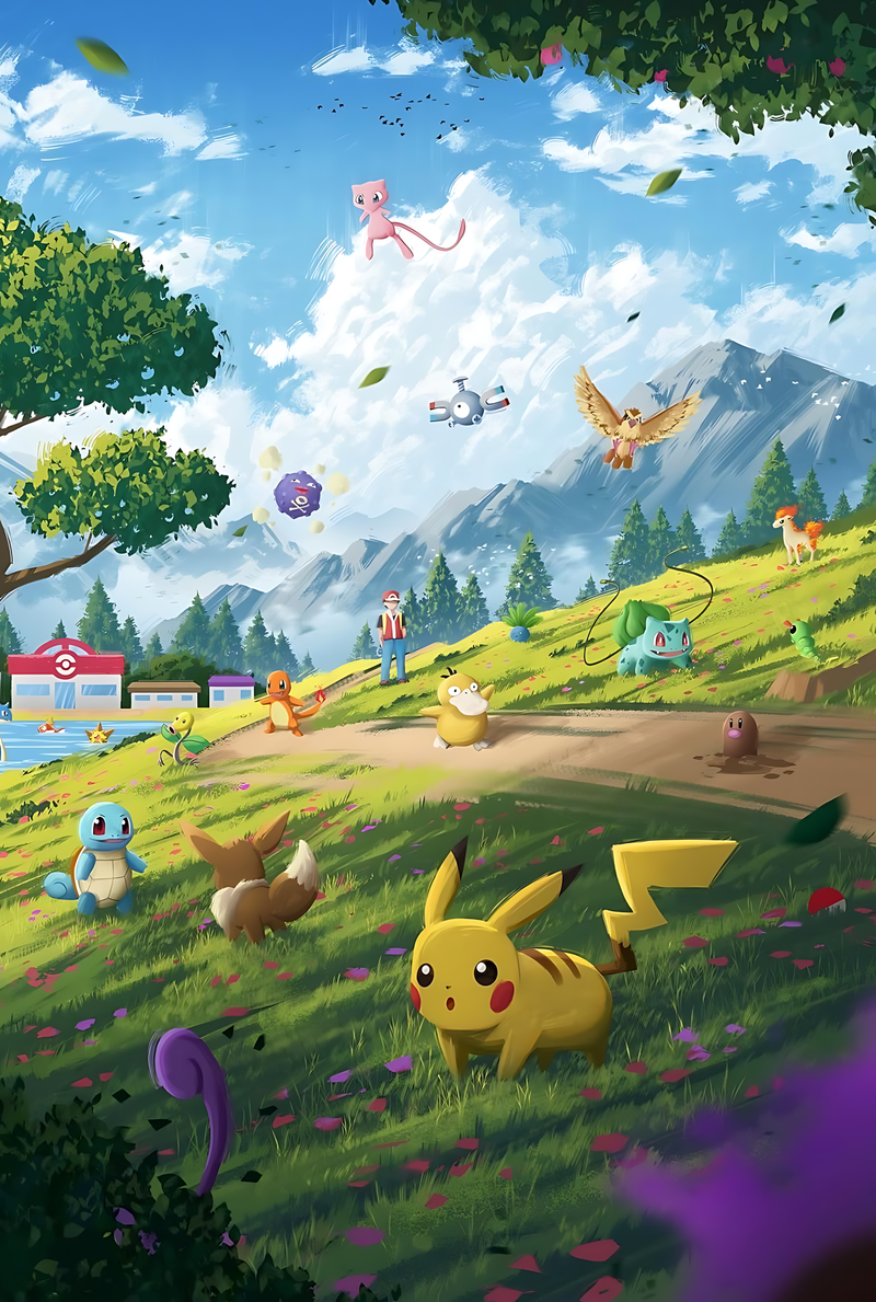 Pokémon poster with Pikachu and assorted Pokémon in a meadow landscape