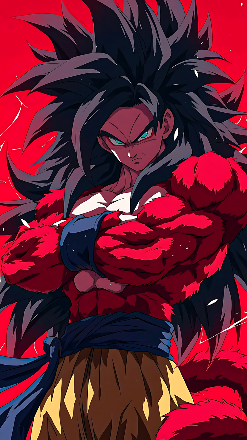 Anime wall poster of Super Saiyan 4 Goku with spiky black hair and red aura