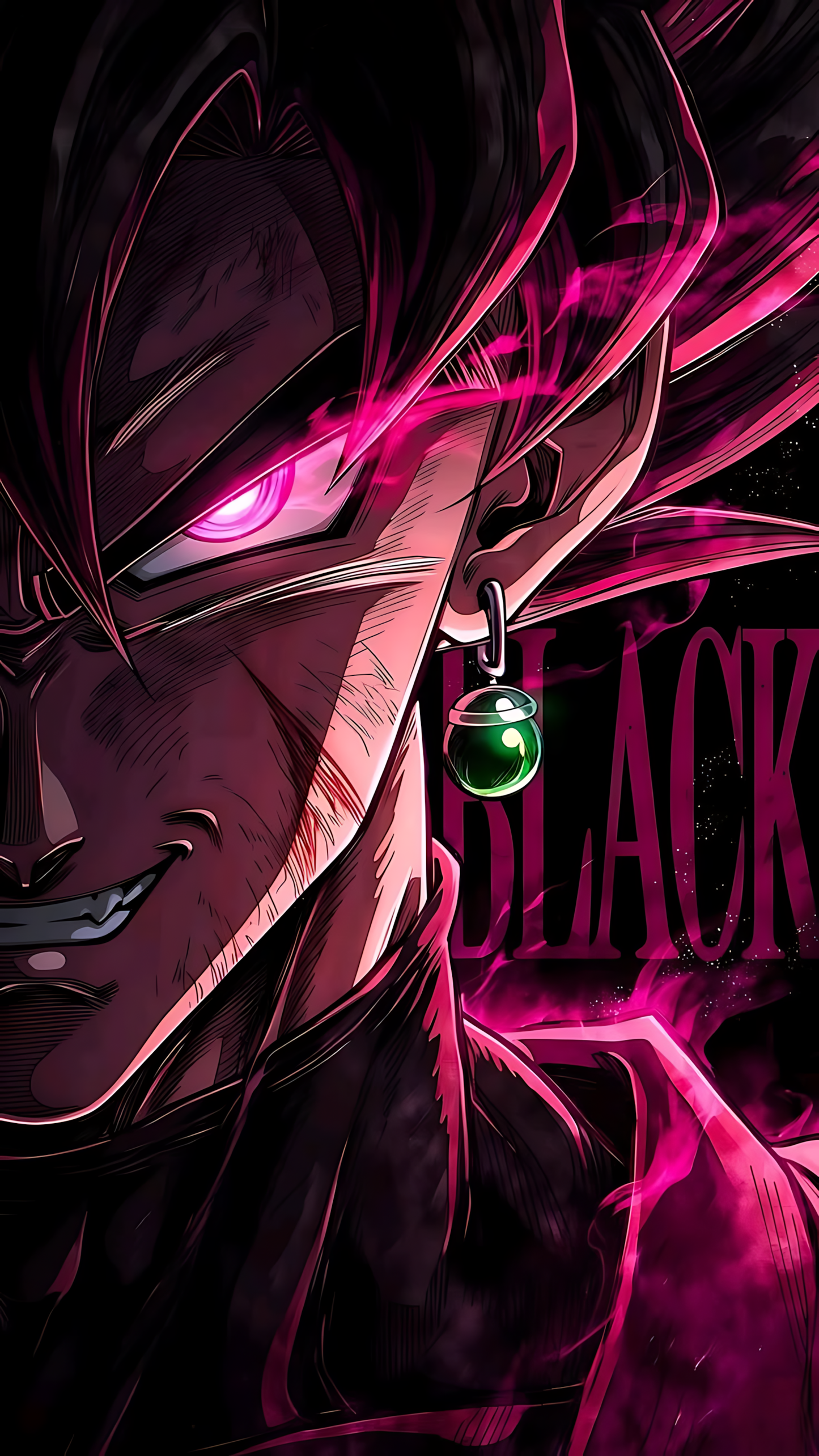 Goku Black anime poster with glowing magenta aura and green eye