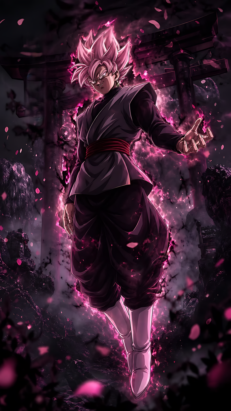 Dragon Ball Super anime aura poster with Goku Black in dark suit, magenta glow
