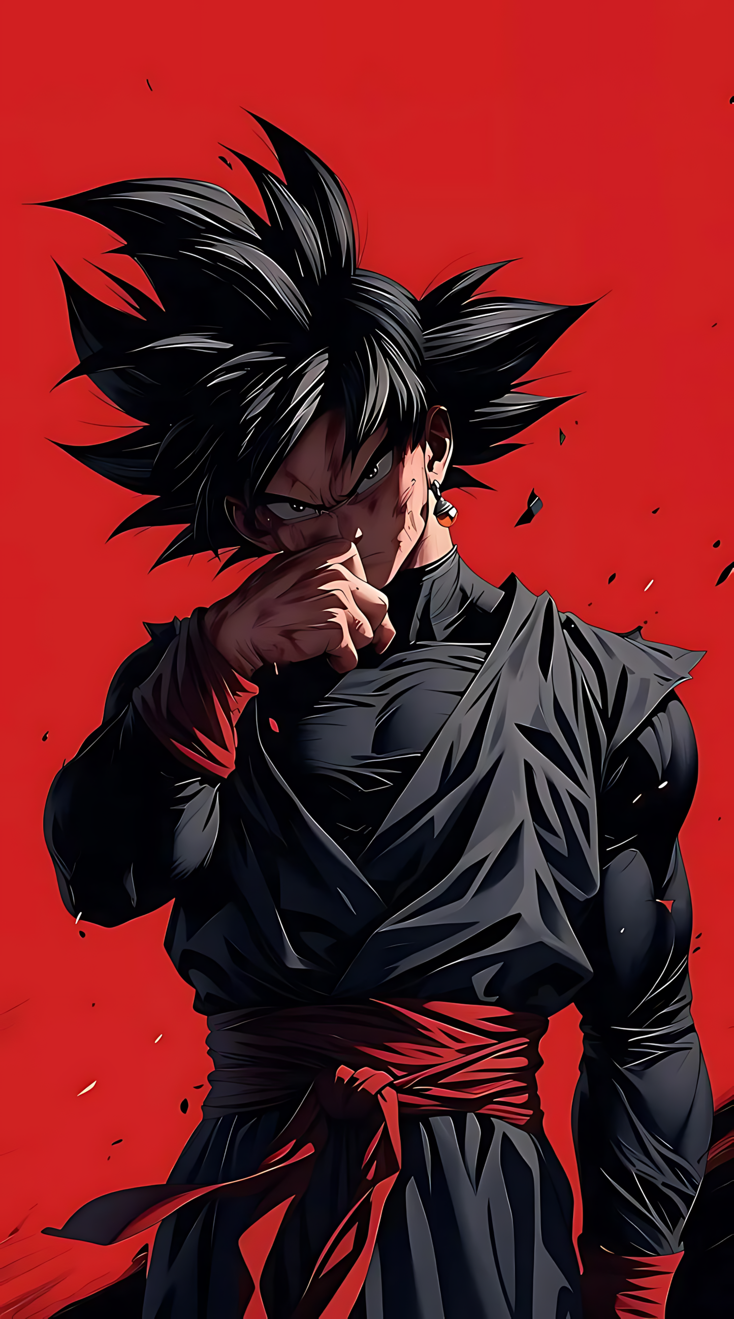 Anime poster of Goku Black with black spiky hair, dark robe, hand near face