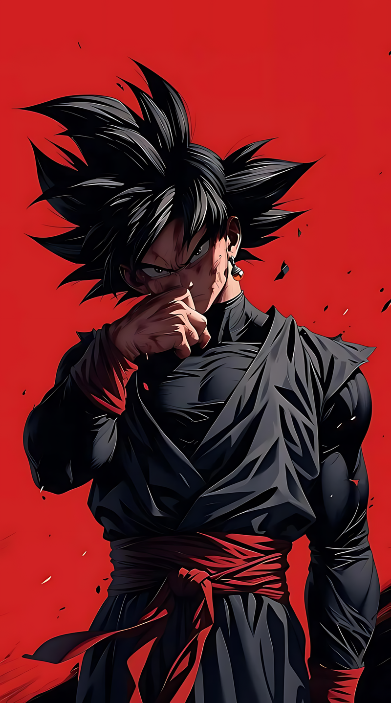 Anime poster of Goku Black with black spiky hair, dark robe, hand near face