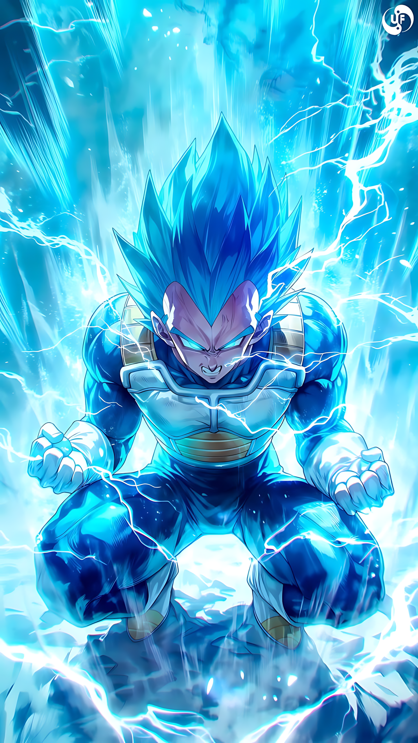 Super Saiyan Blue Vegeta anime poster with electric blue aura and lightning effects