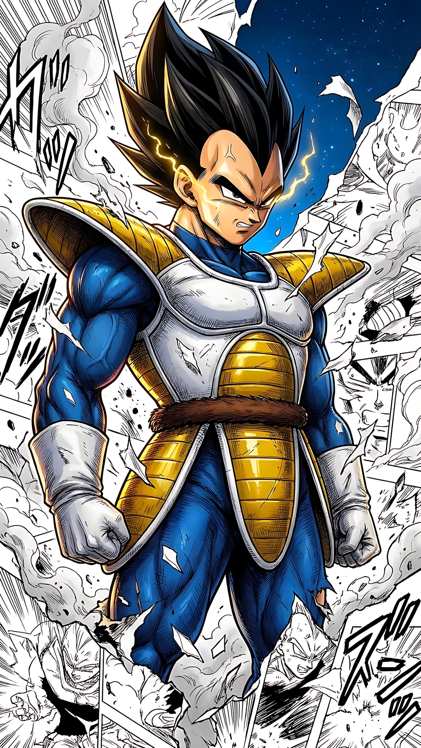 Blue-and-white armor anime manga poster featuring Vegeta in action pose, gloss print