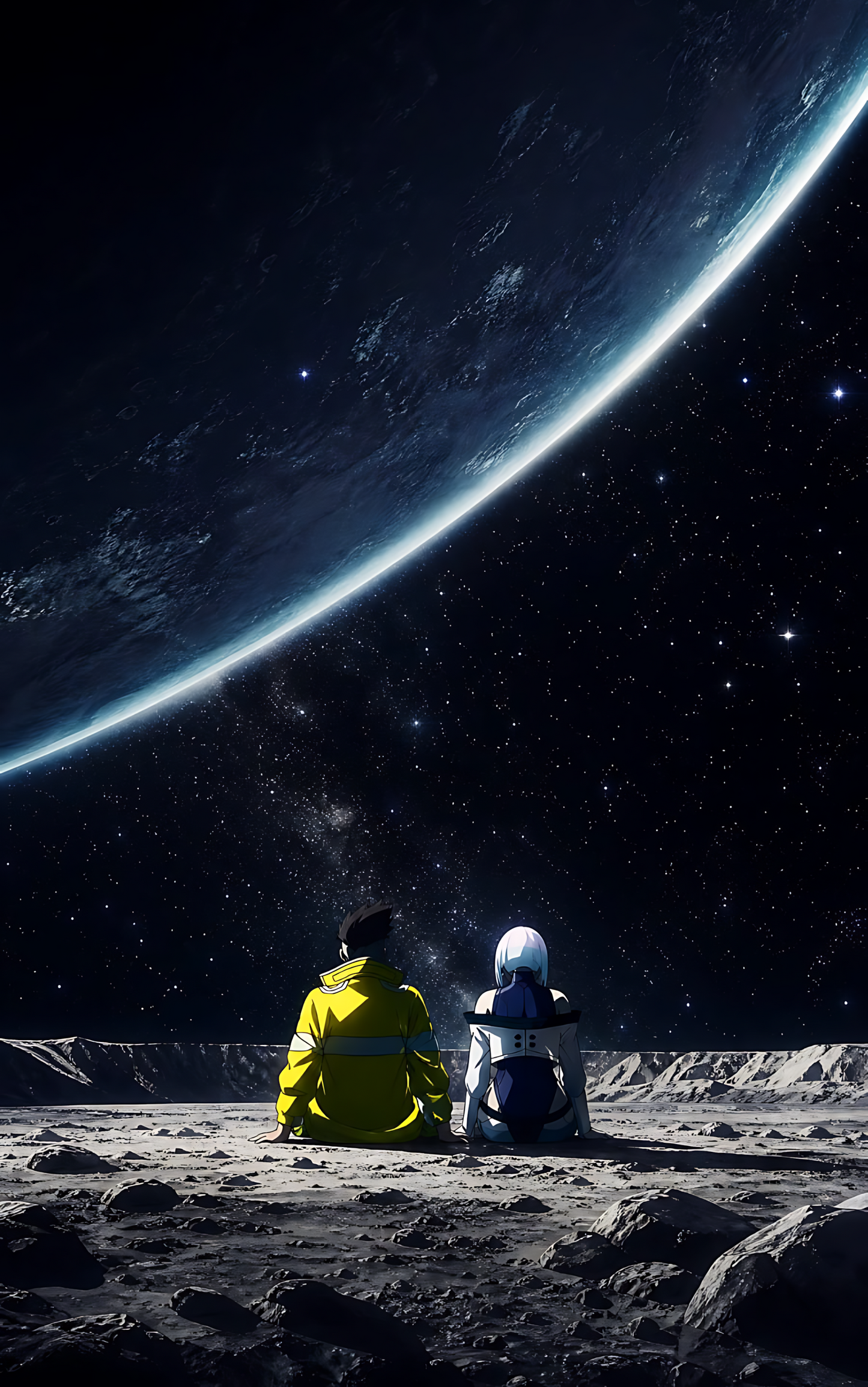 Moonlit horizon poster with two characters in space under a curved blue planet