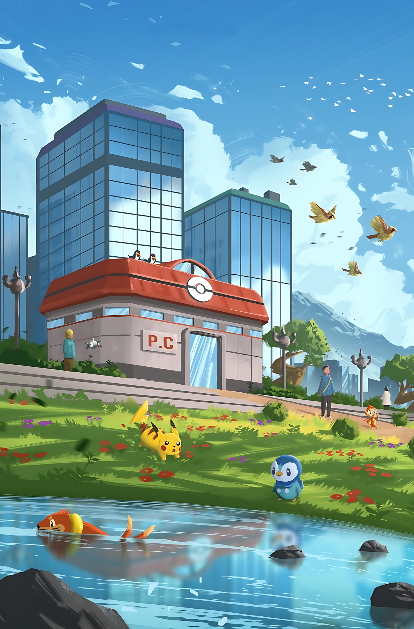 Pokémon poster with a city Pokémon Center by a riverbank scene
