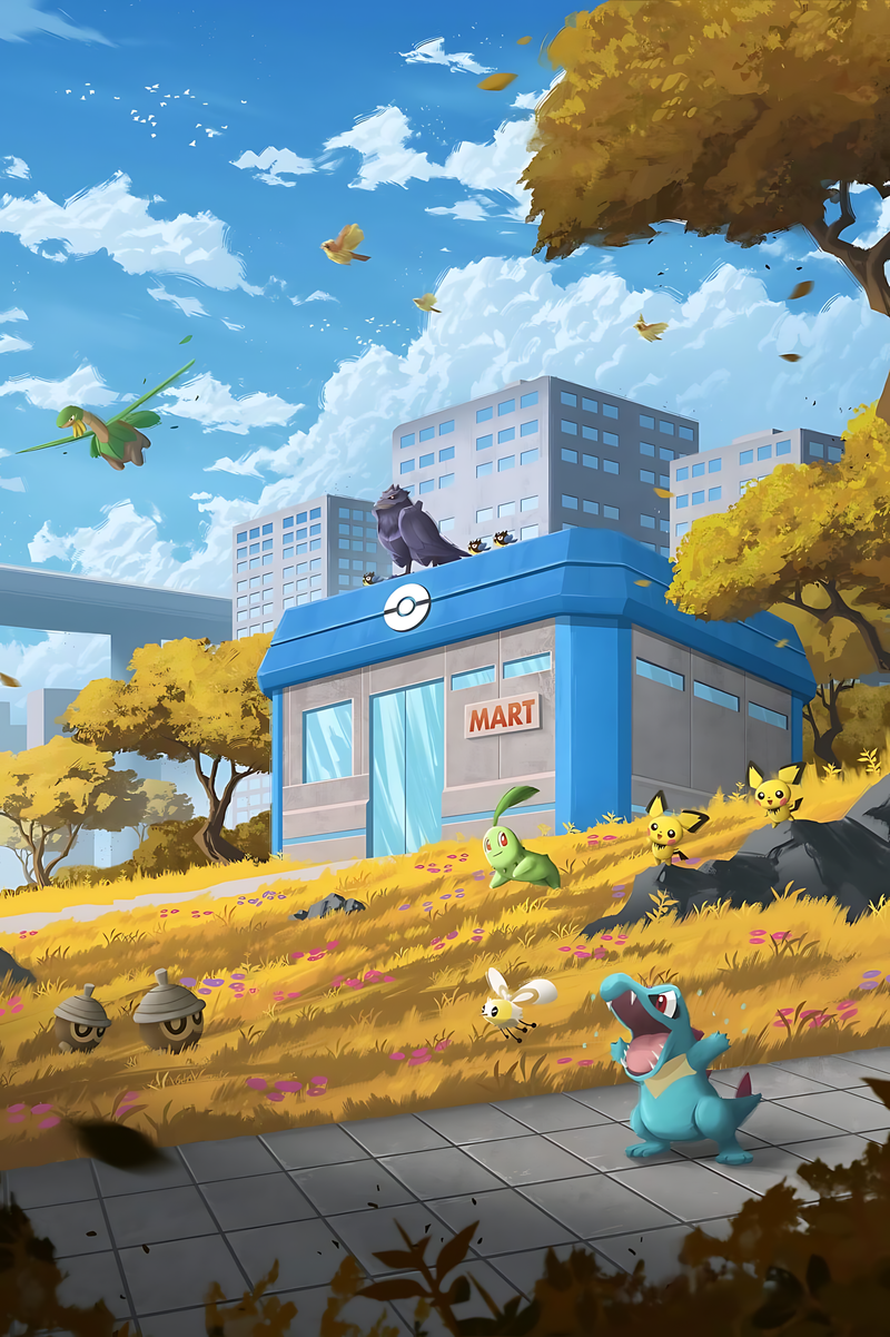 Pokémon poster of a Poké Mart in an autumn landscape with several Pokémon