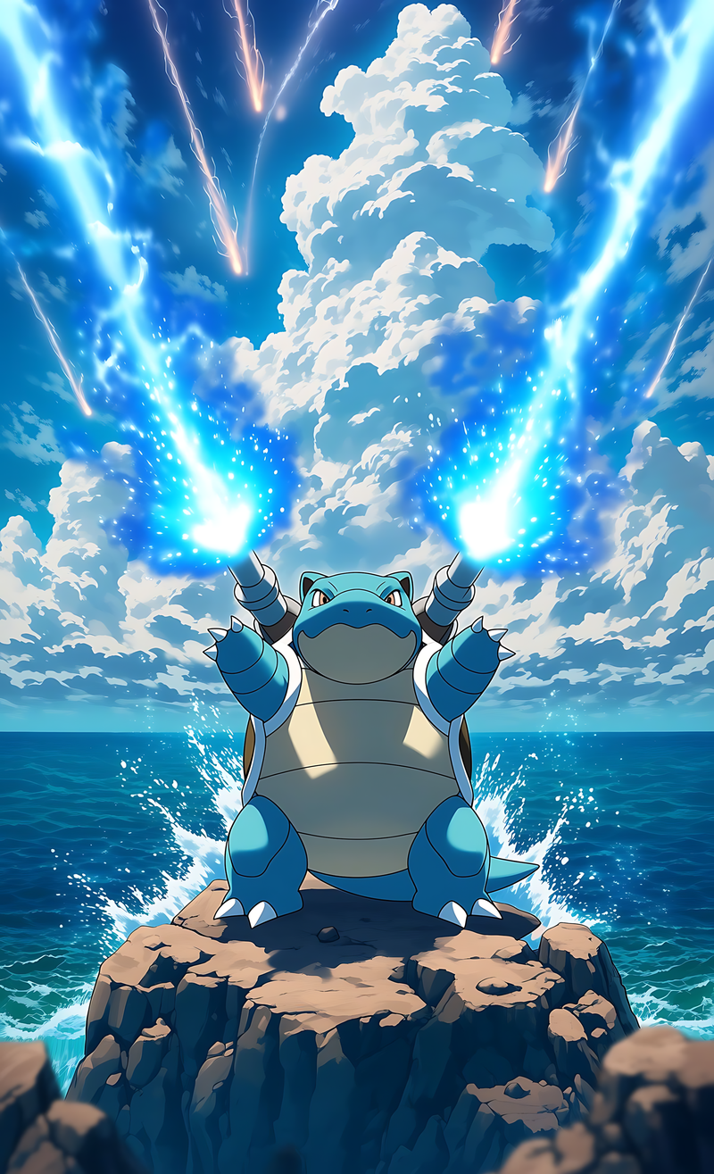 Blastoise Hydro Cannon Power Surge poster with Blastoise firing water jets at sea