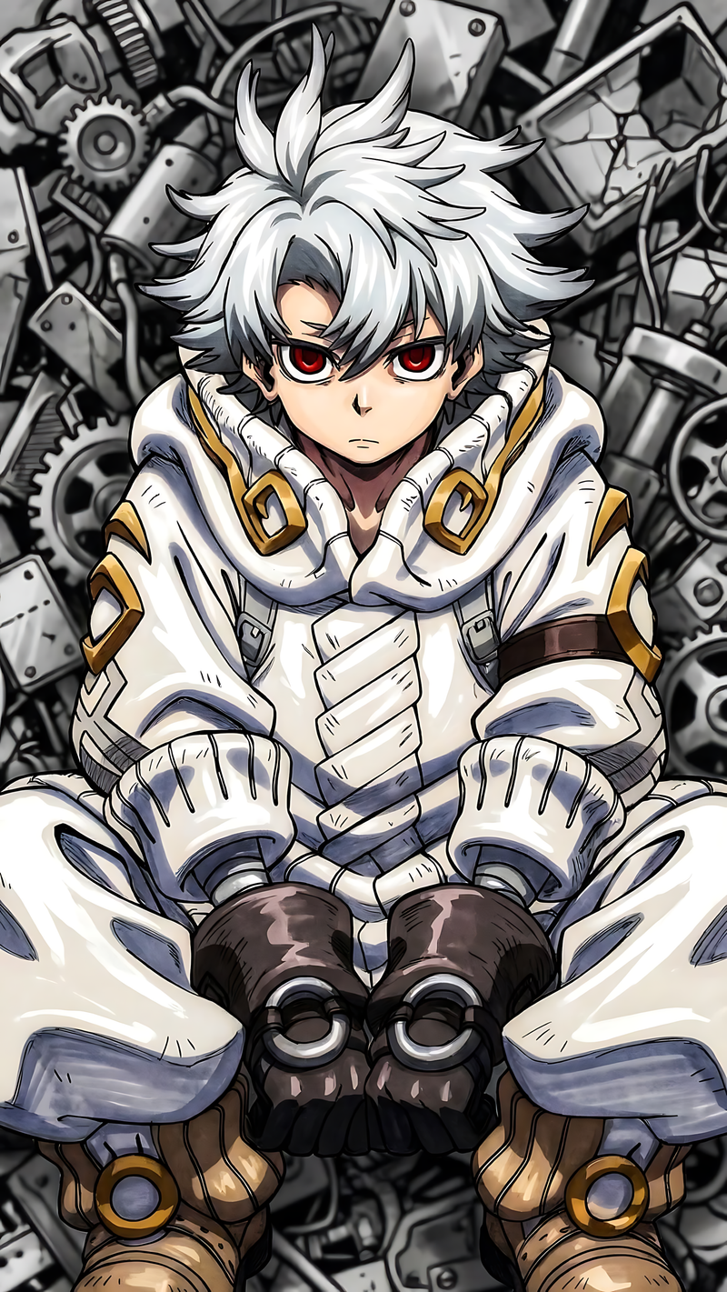 Anime character seated poster, white spiky hair and red eyes, armored outfit