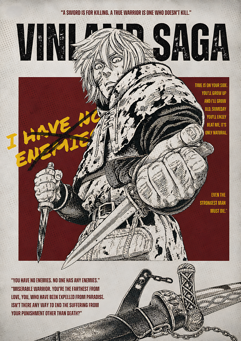 Vinland Saga manga art poster with monochrome Thorfinn warrior holding sword and axe