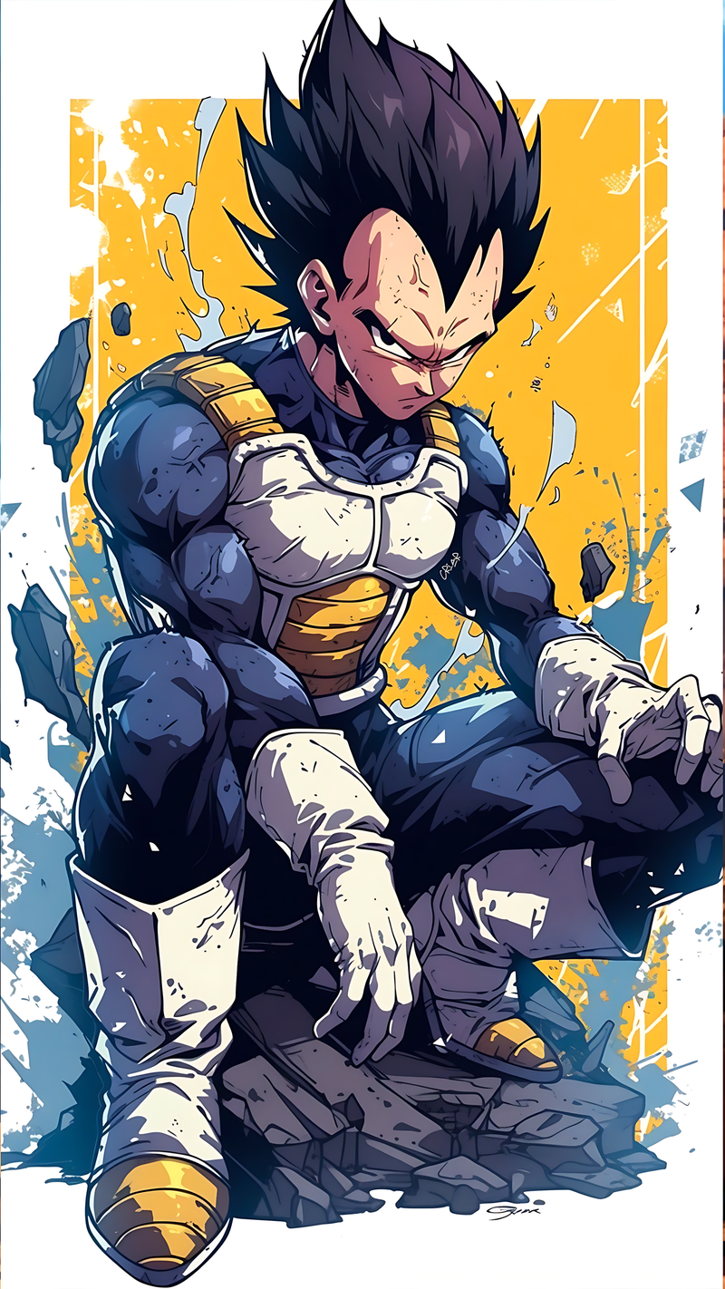 Gloss anime wall poster of spiky-haired Saiyan prince in blue armor, yellow splashes