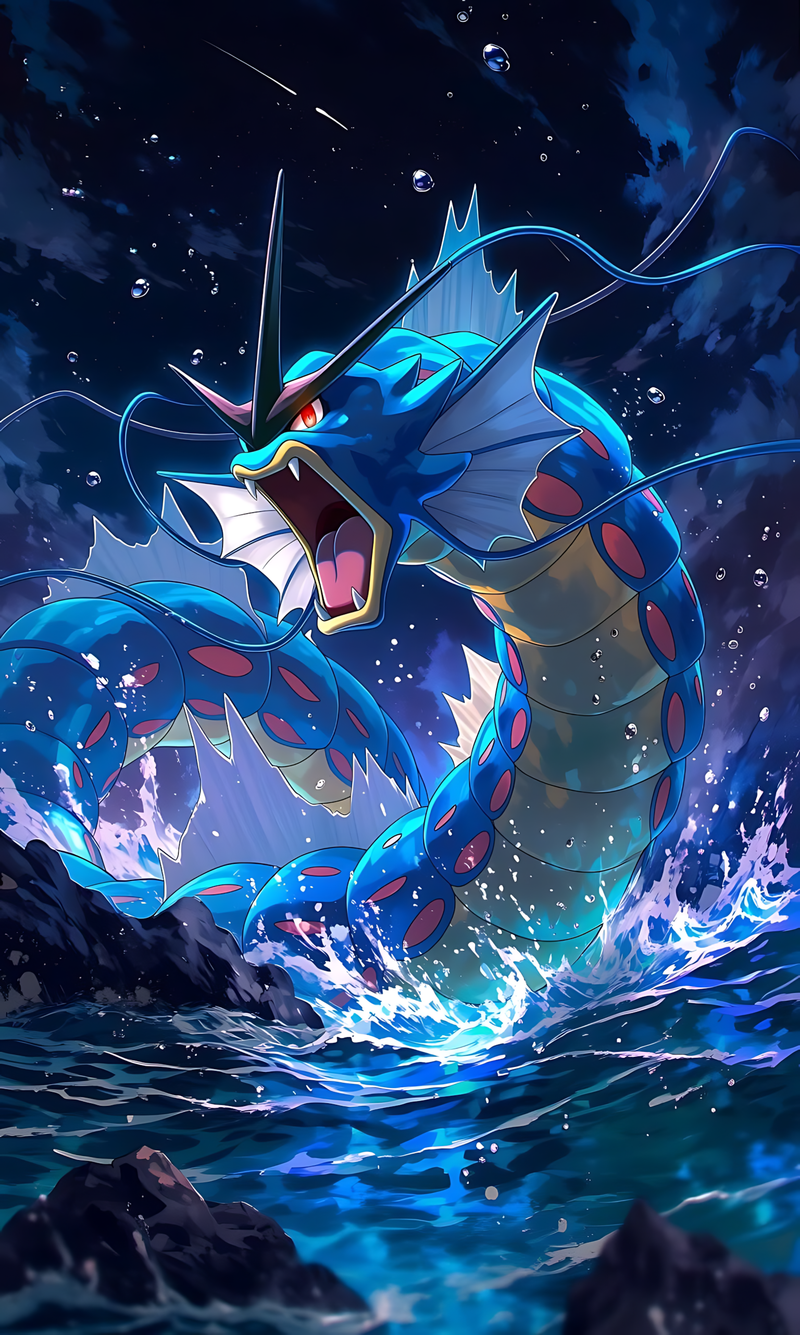 Gyarados: Wrath of the Deep Ocean poster with roaring blue sea dragon splashing waves