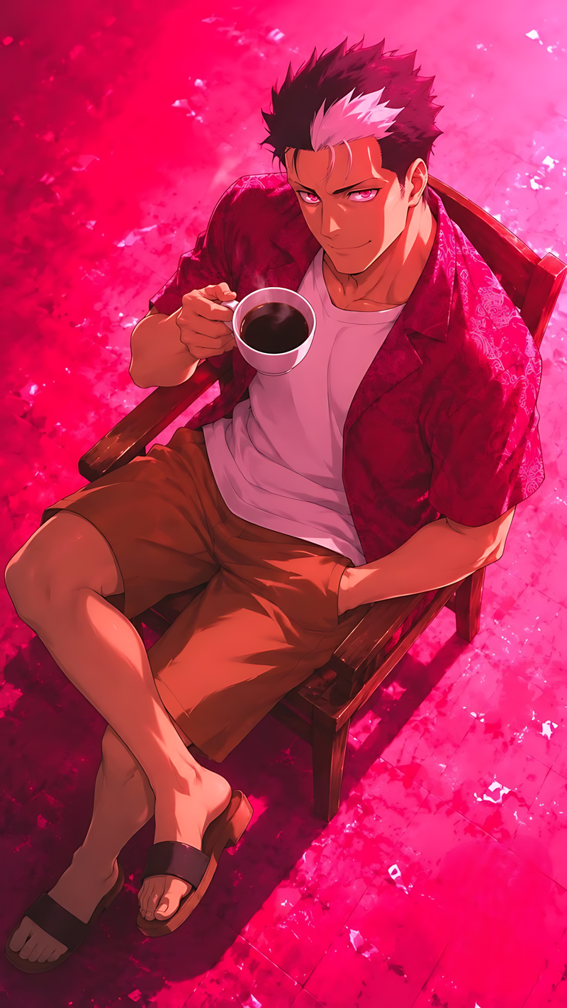 Anime poster of a seated fighter in red jacket holding a cup, white shirt and brown shorts
