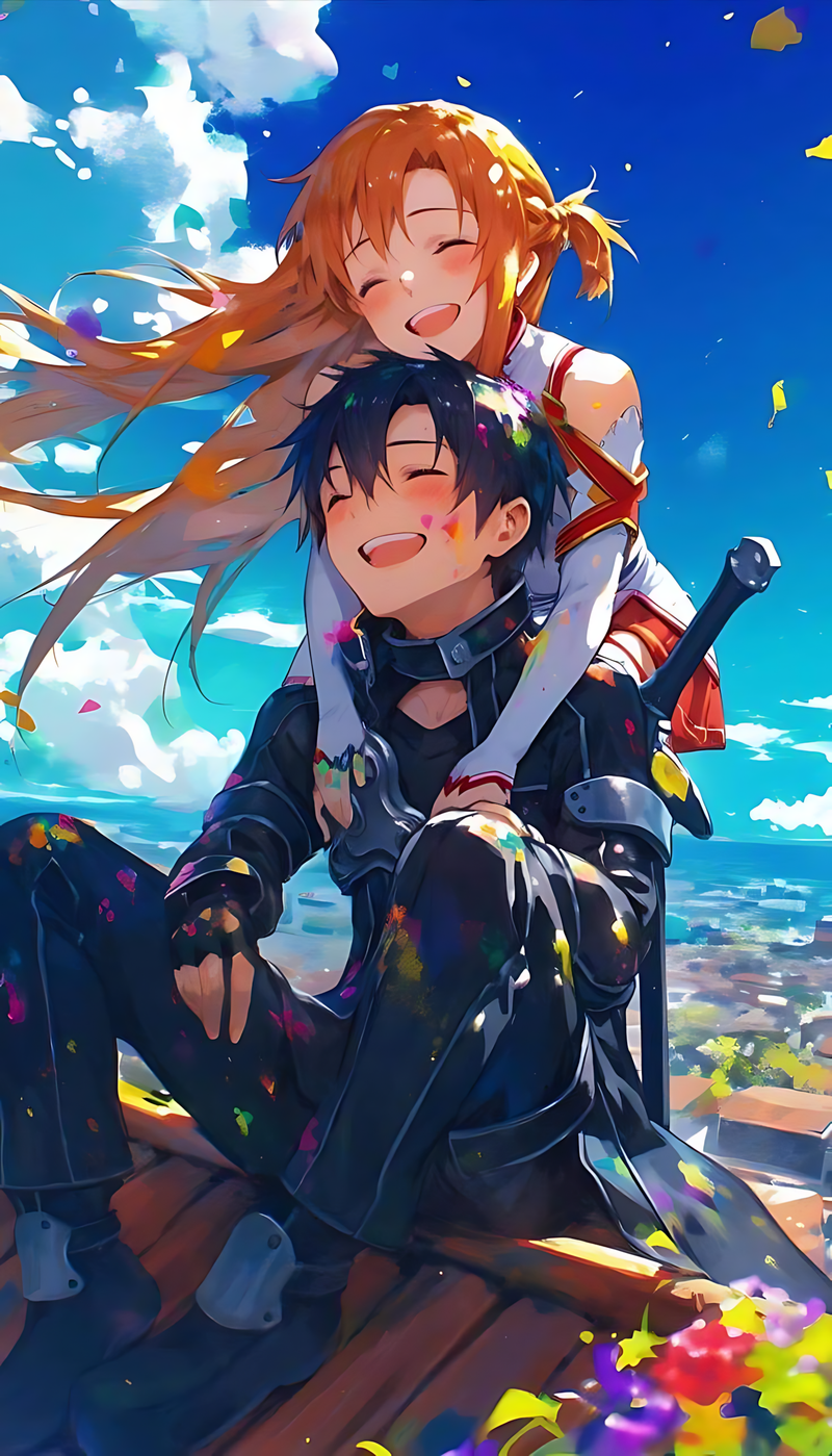 Anime joyfully colored paint-splash poster featuring two characters sitting and smiling
