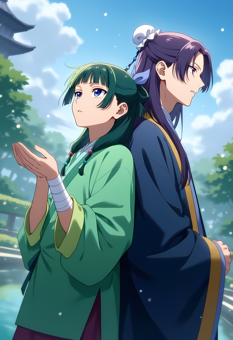 Anime-style poster featuring two characters in green and dark blue outfits