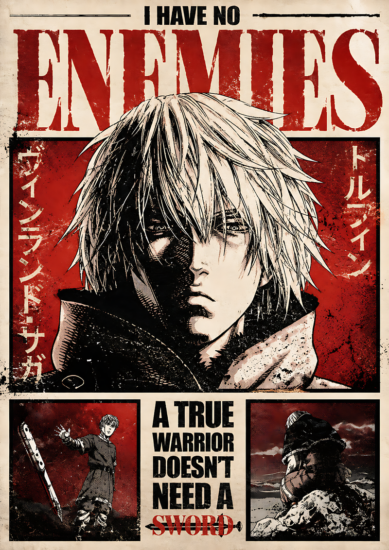 Typography poster with anime-style warrior portrait, bold text "ENEMIES" and quote panels