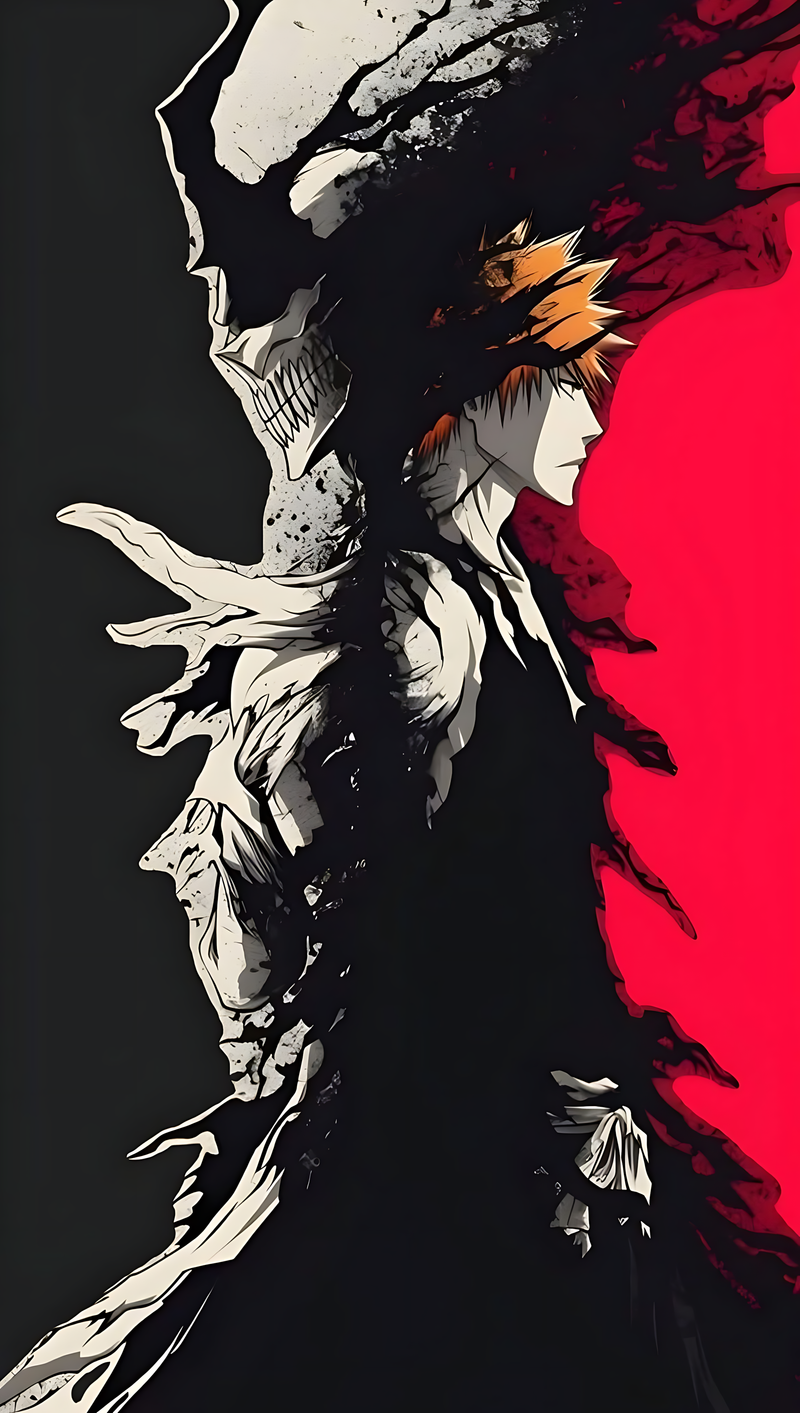Anime wall poster of a skeletal face and fiery red black energy, bold graphic style