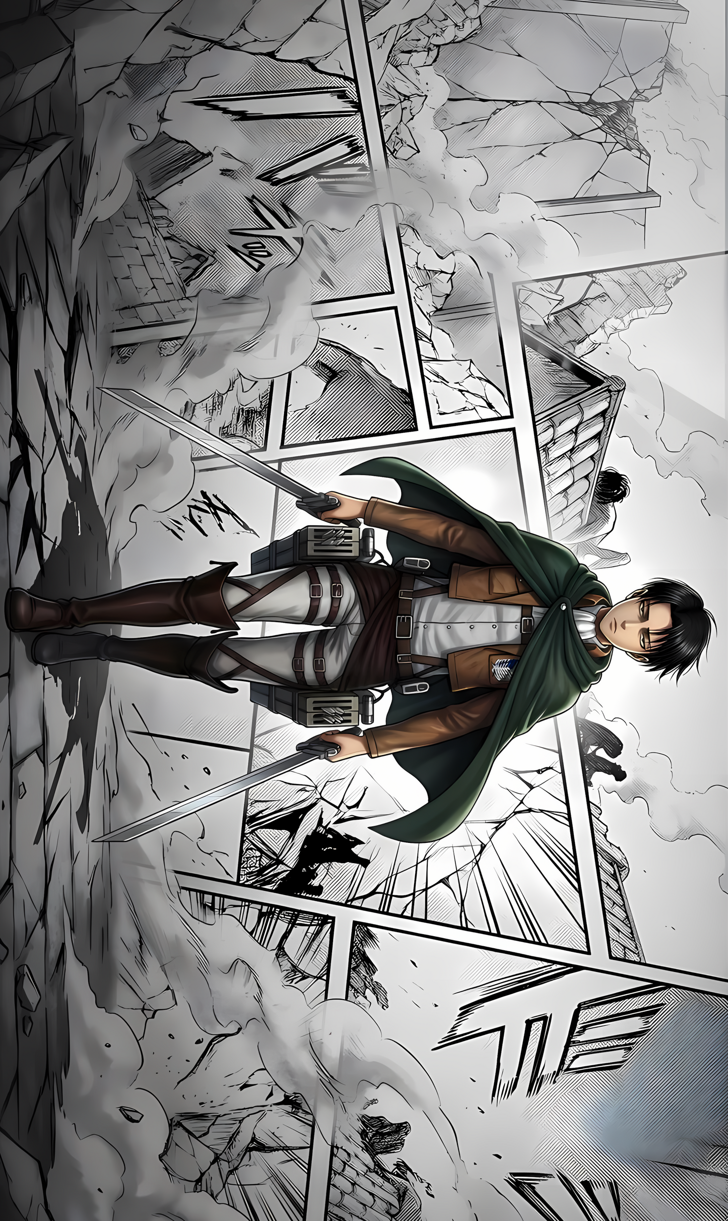 Manga panel poster featuring a male soldier with green cloak and black uniform