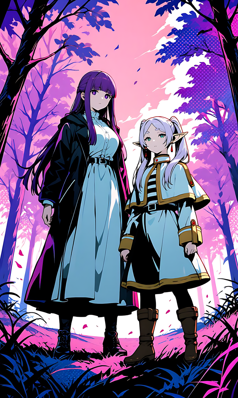 Anime character poster with two girls in pastel blue outfits amid pink forest trees