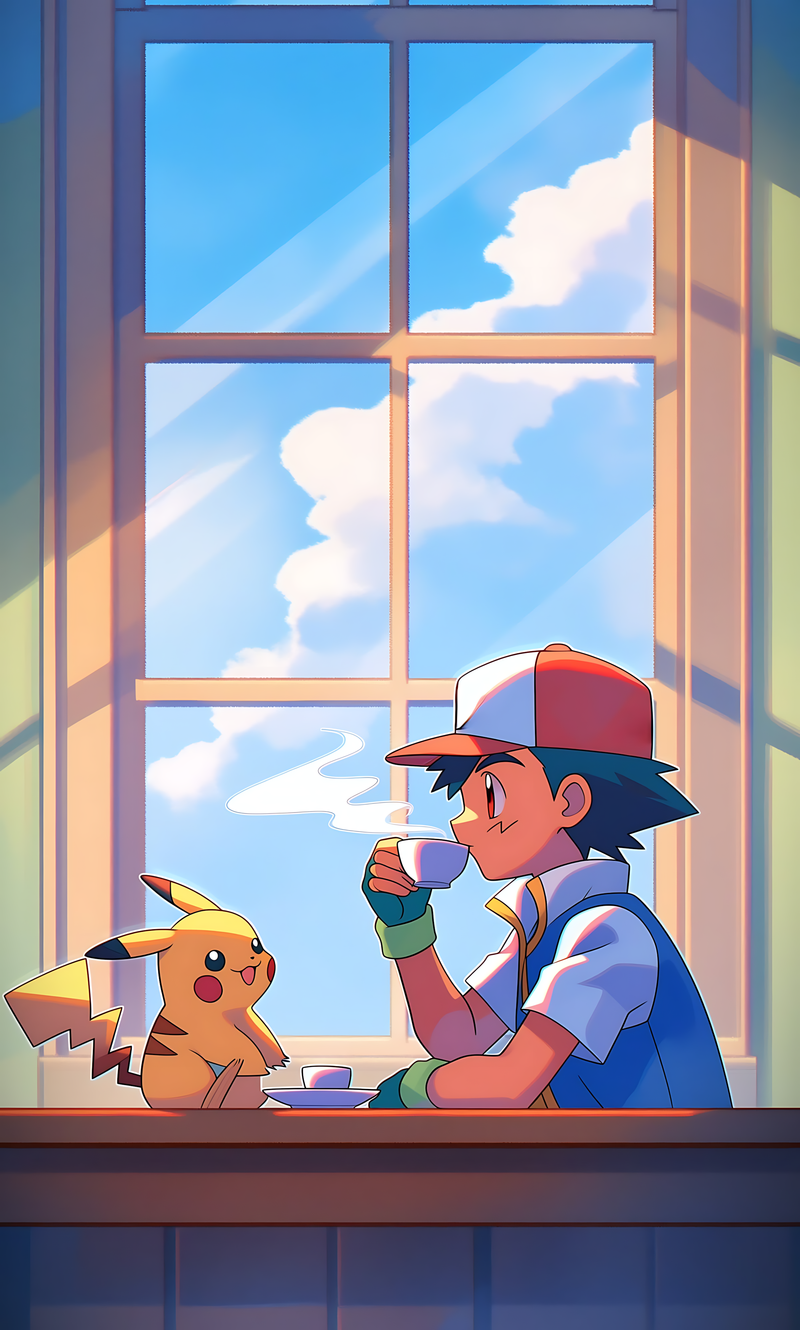 Pokemon coffee break poster featuring Ash, Pikachu, and a window scene
