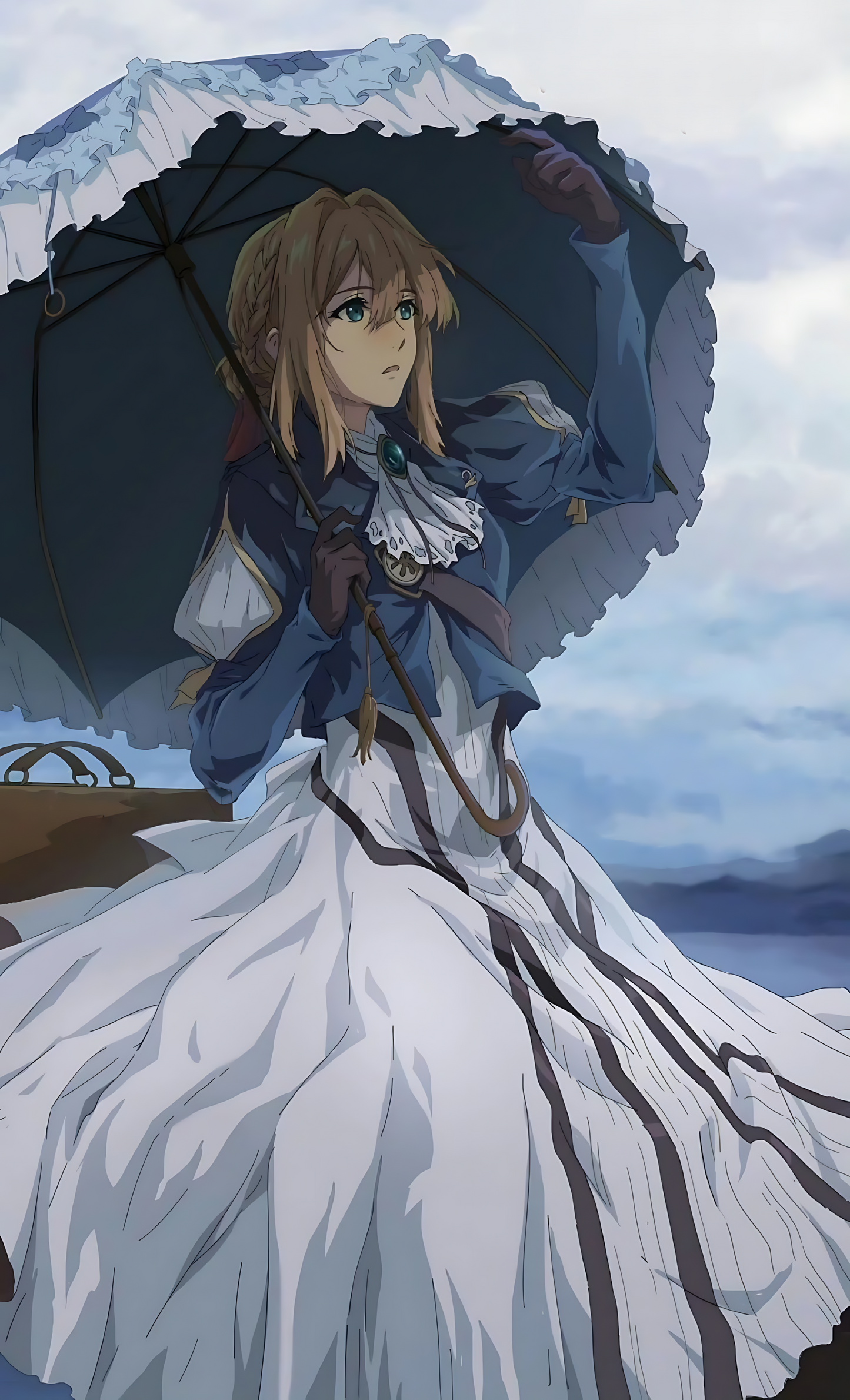 Violet Evergarden parasol stroll poster, violet-themed anime girl in blue dress