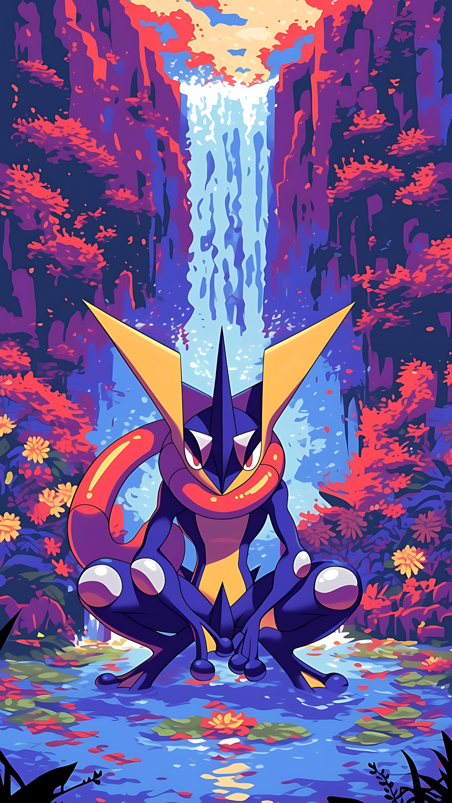 Ash-Greninja character poster, crouched stealth pose with blue and yellow accents