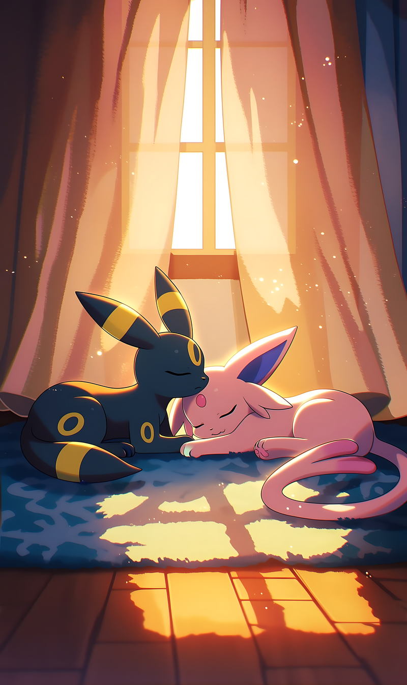 Pokémon poster of Umbreon and Espeon napping together by a sunlit window