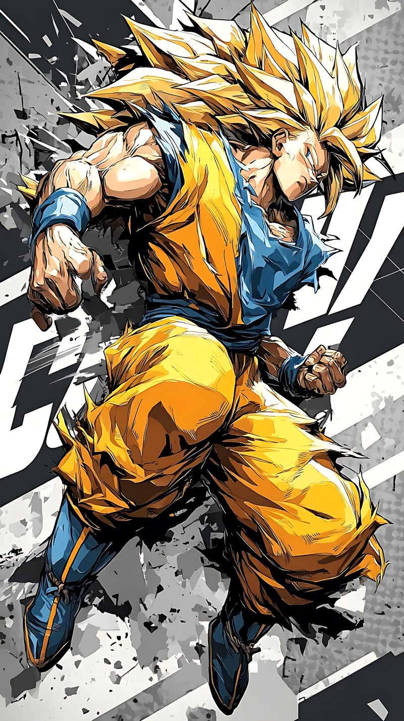 Anime poster of a spiky golden-haired Super Saiyan hero in orange gi and blue top, fists