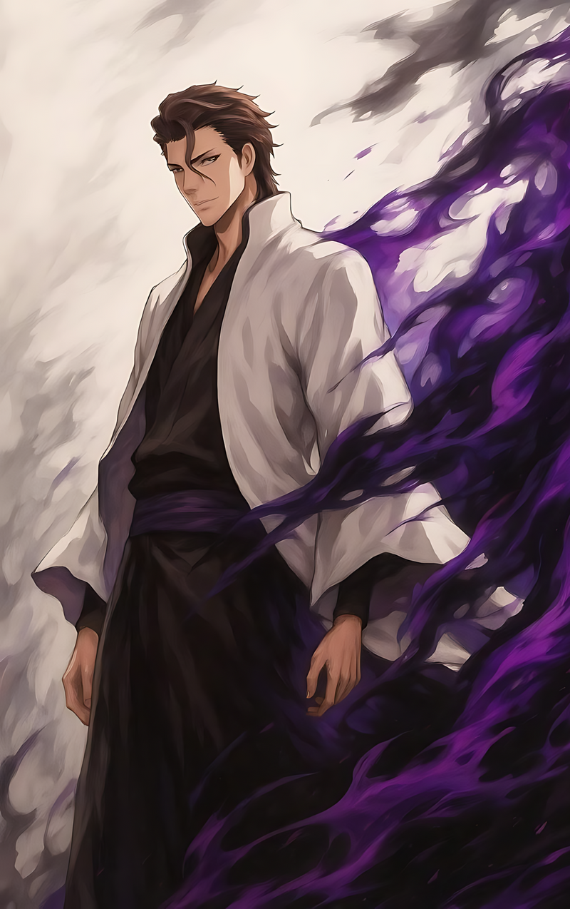 Sōsuke Aizen poster art showing Bleach character in white robe with purple energy swirl