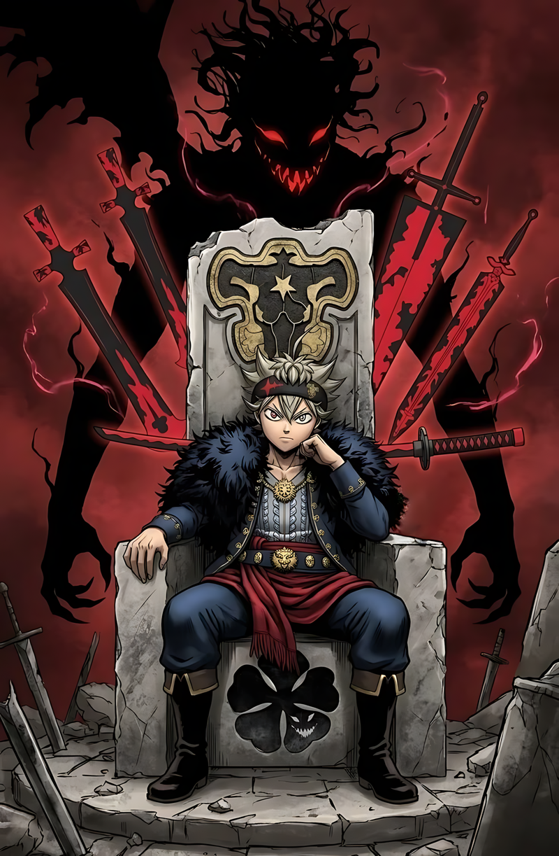 Black Clover Asta and Liebe throne poster, Asta seated with sword behind and skull.