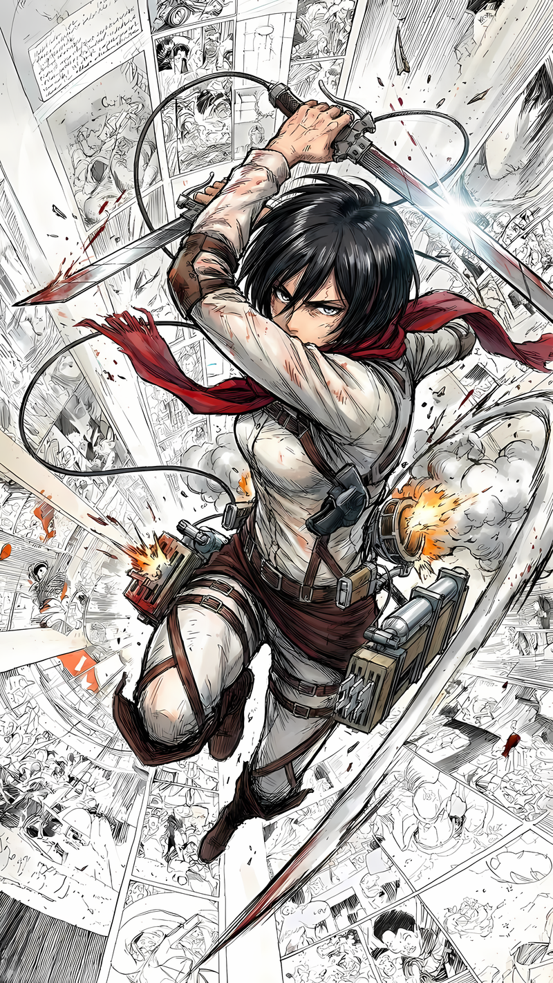 Anime action poster of Mikasa Ackerman in ODM gear, dynamic sword-and-blade pose