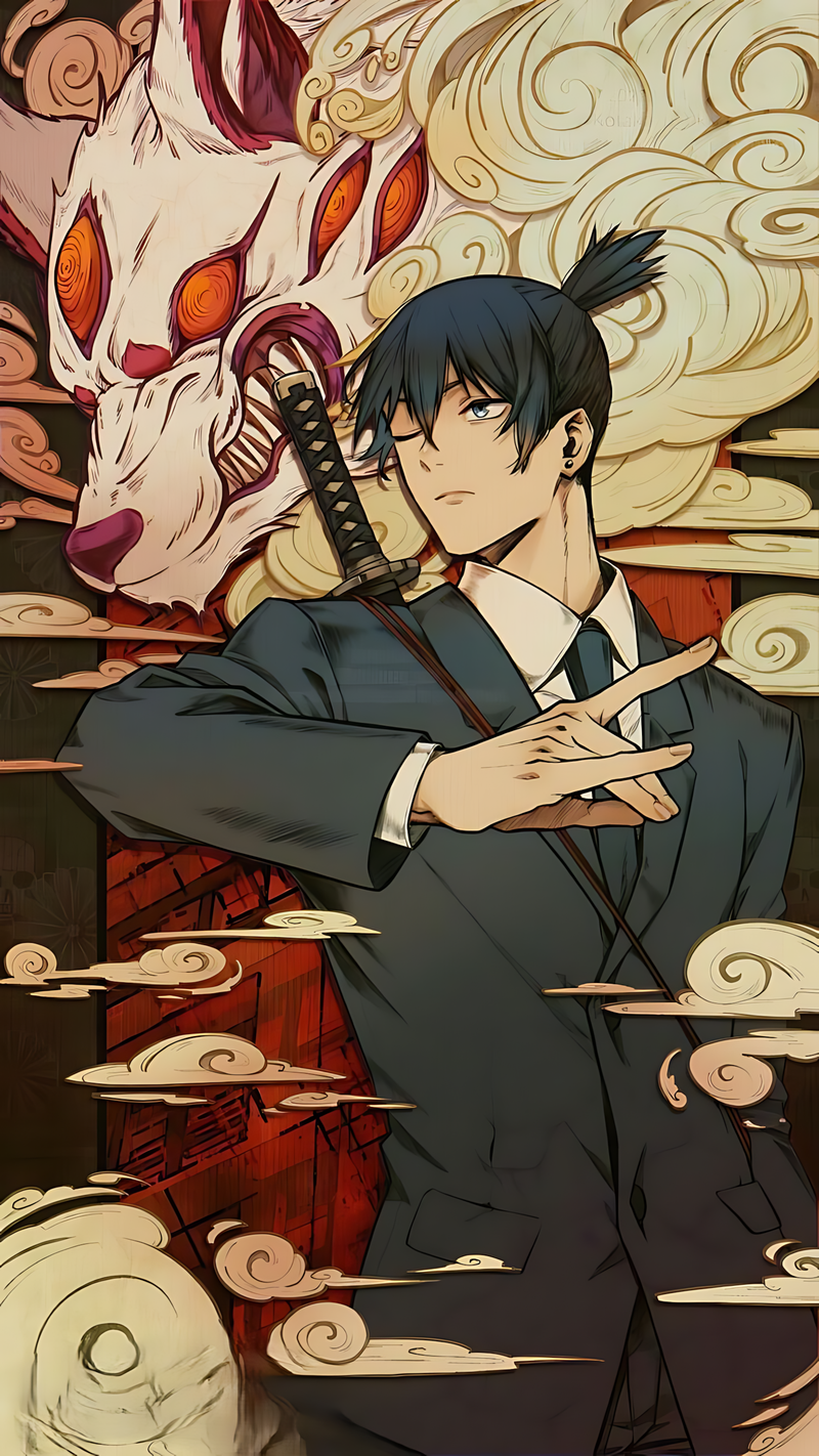 Anime wall poster of man in dark outfit holding sword, with fox-like demon face.