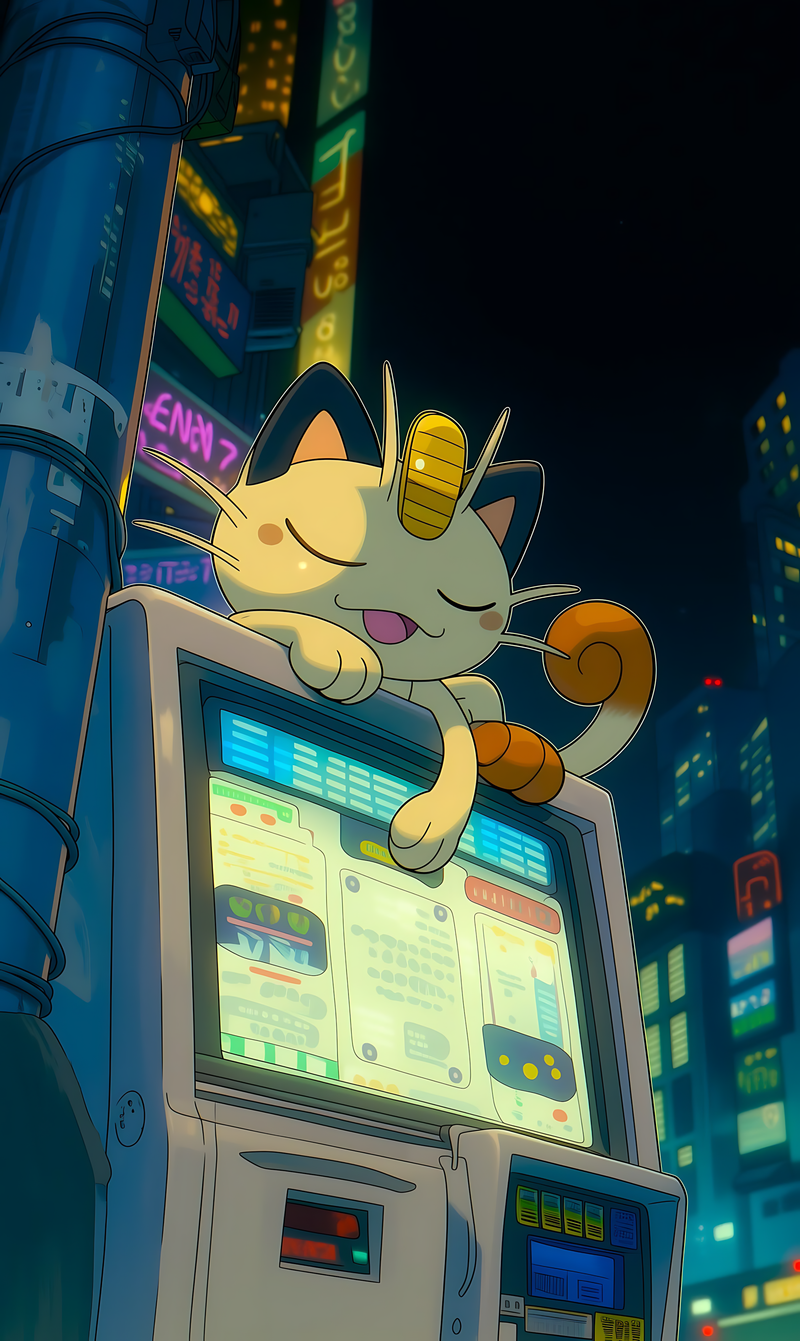 Cyberpunk Meowth nap poster, cat lounging on glowing monitor amid city lights