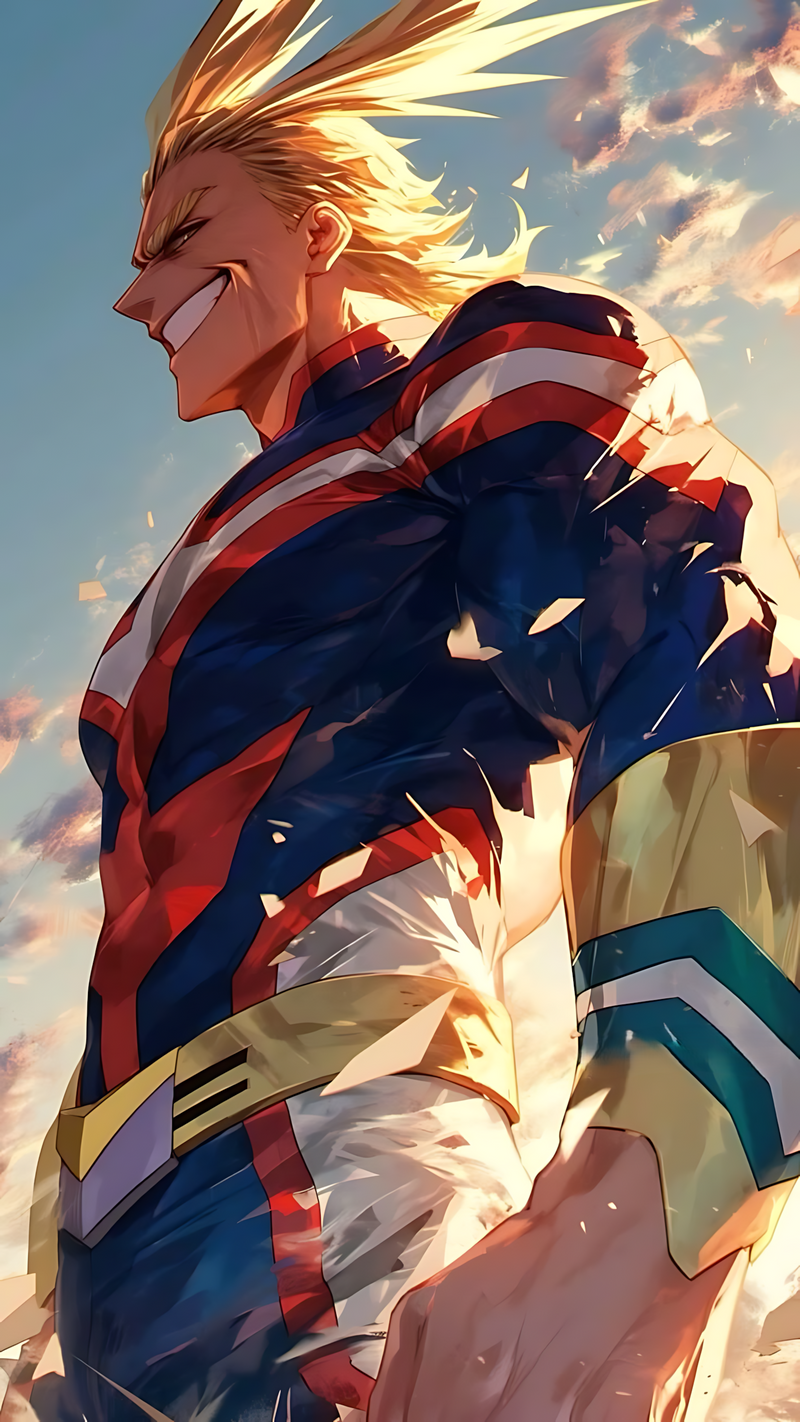 Anime hero poster with All Might in blue-red suit, yellow hair, side profile