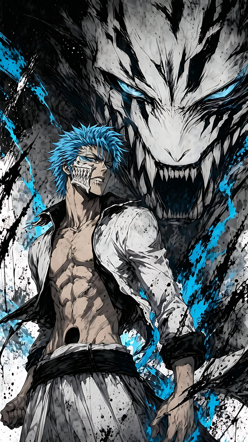 Gloss poster featuring blue-haired anime fighter with menacing grin and white skeletal face