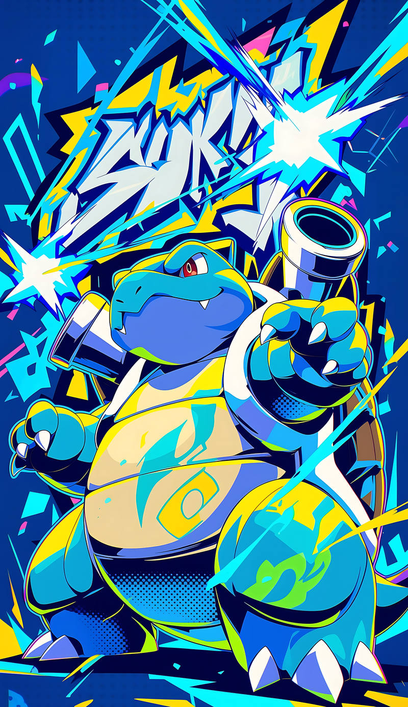 Pop art poster featuring Blastoise in graffiti-style blue and yellow illustration