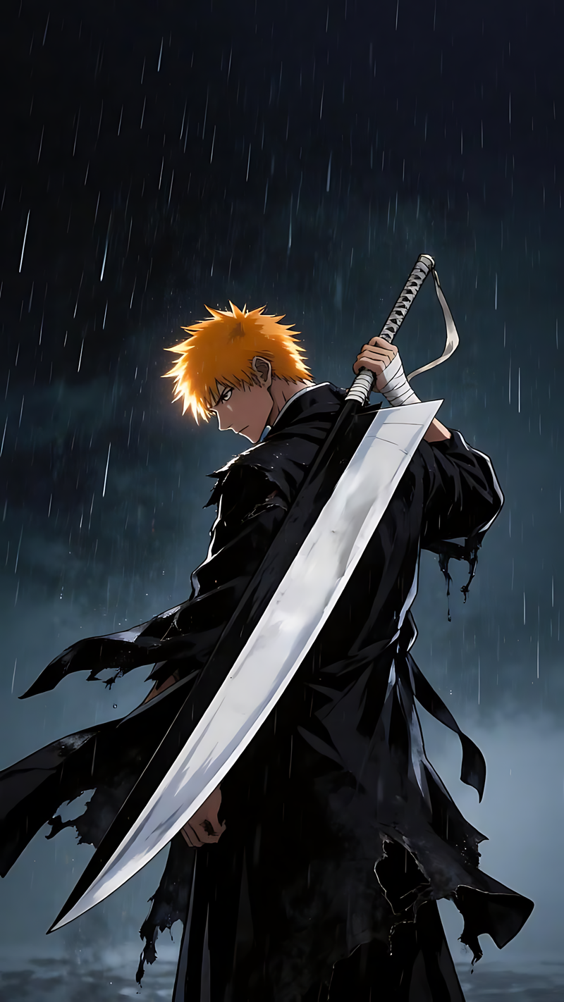 Anime wall poster of orange-haired swordsman holding a large white katana, rainy scene